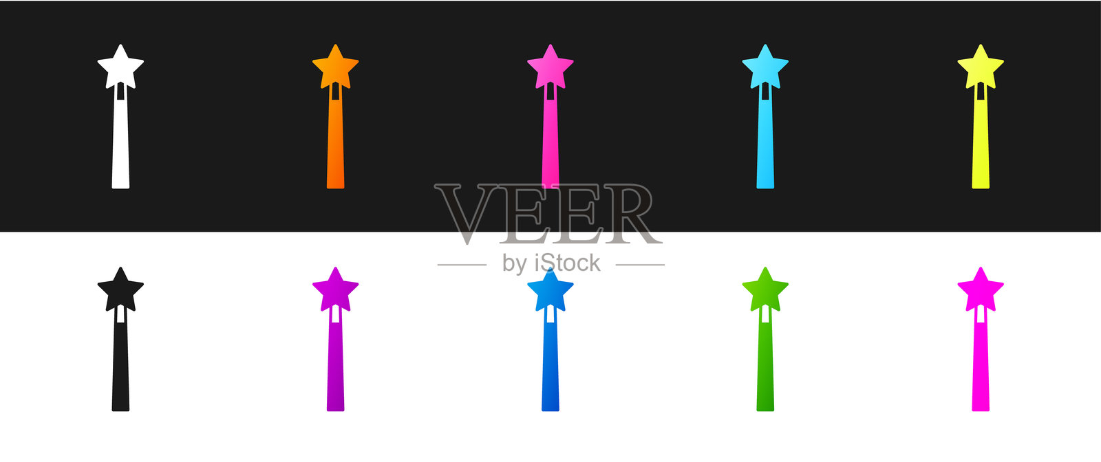 魔法棒图标，黑白背景。星形魔法道具。魔法力量。矢量图。插画图片素材