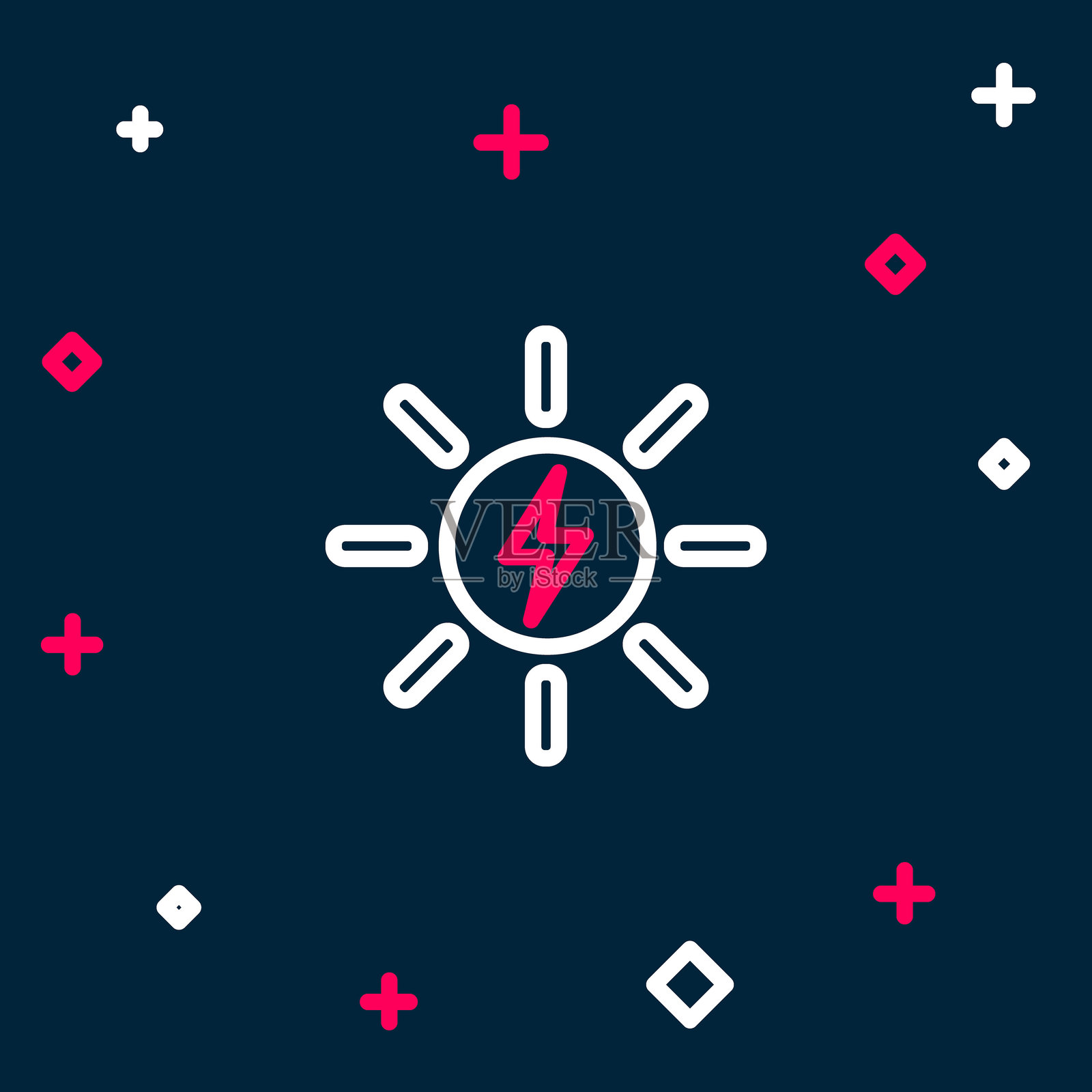 太阳能电池板图标，背景为蓝色。带有闪电符号的太阳。彩色轮廓概念。矢量图。插画图片素材