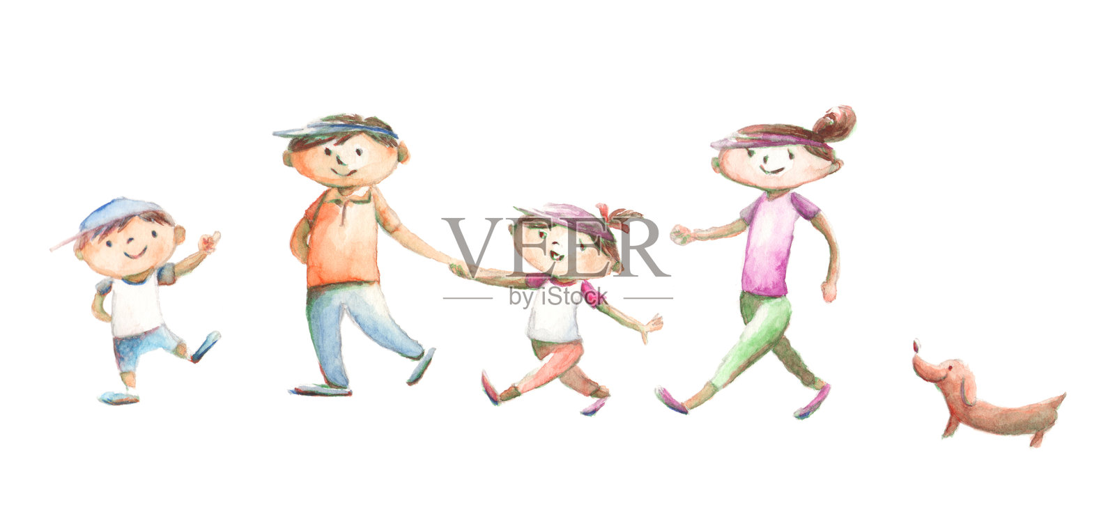 一家人牵着狗散步的插图插画图片素材