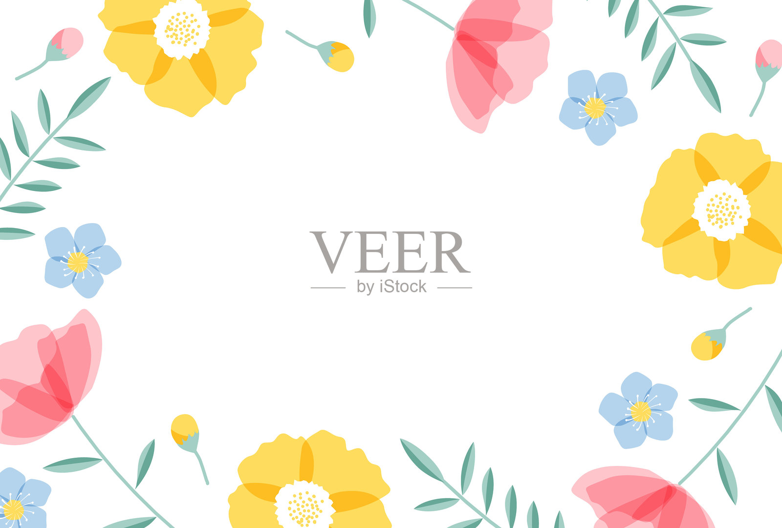 多彩的花朵和叶子框架，适用于母亲节、情人节、国际妇女节等。插画图片素材