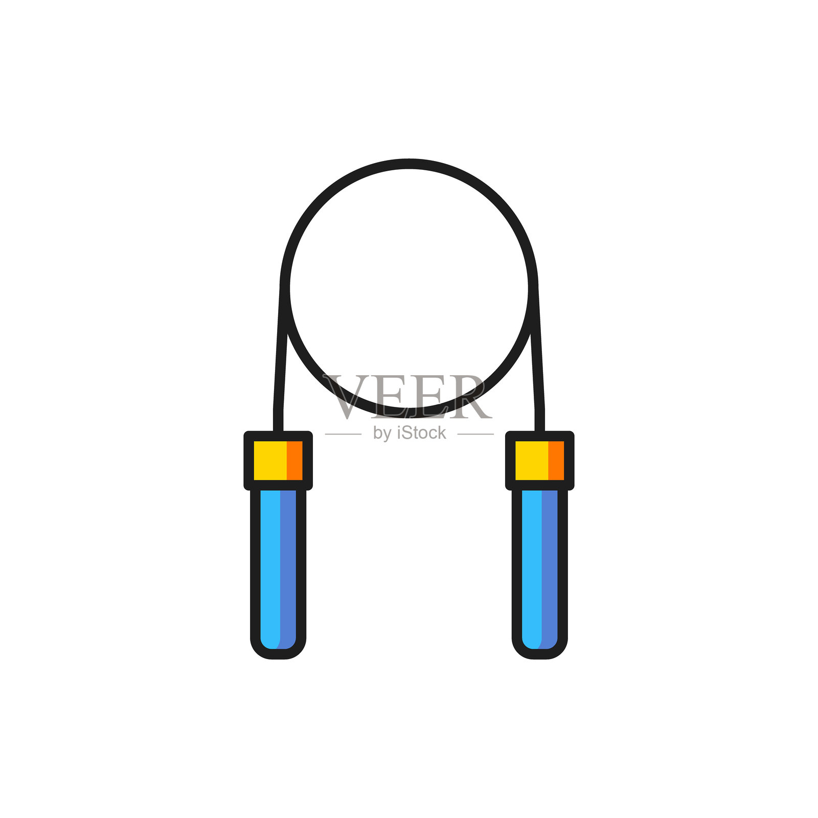 彩色跳绳图标，背景为白色。跳绳。运动器材。扁平填充轮廓风格，带阴影。矢量图。插画图片素材