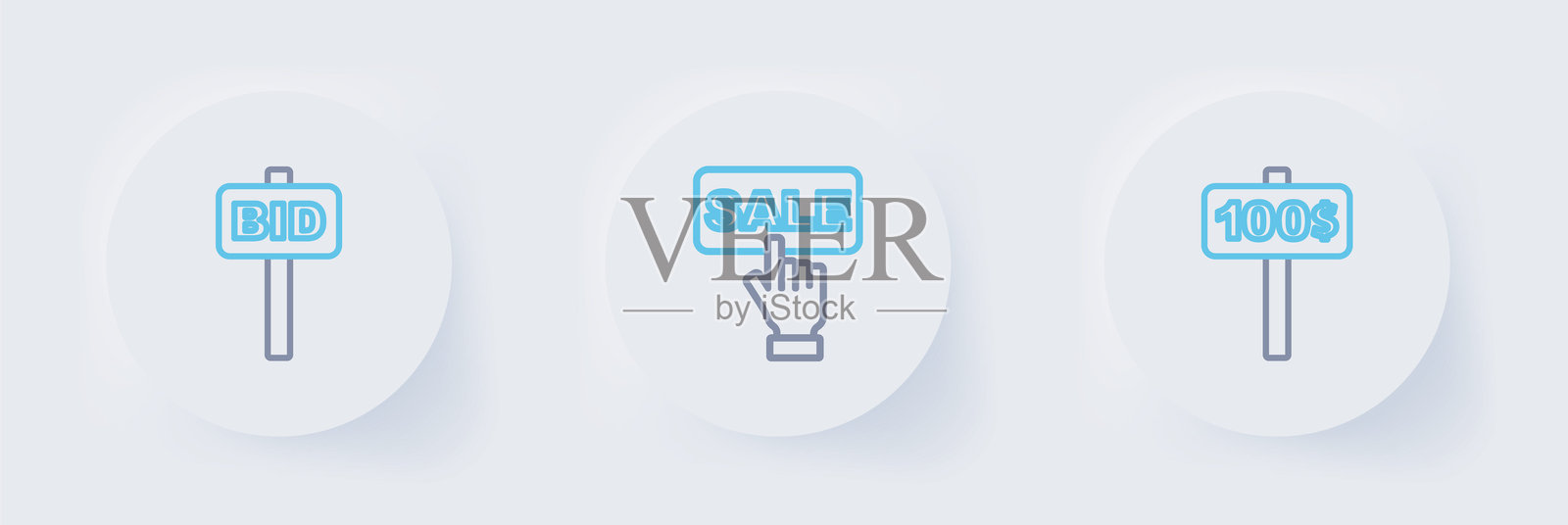 手持拍卖牌的线条，拍卖画作和图标。矢量图。插画图片素材