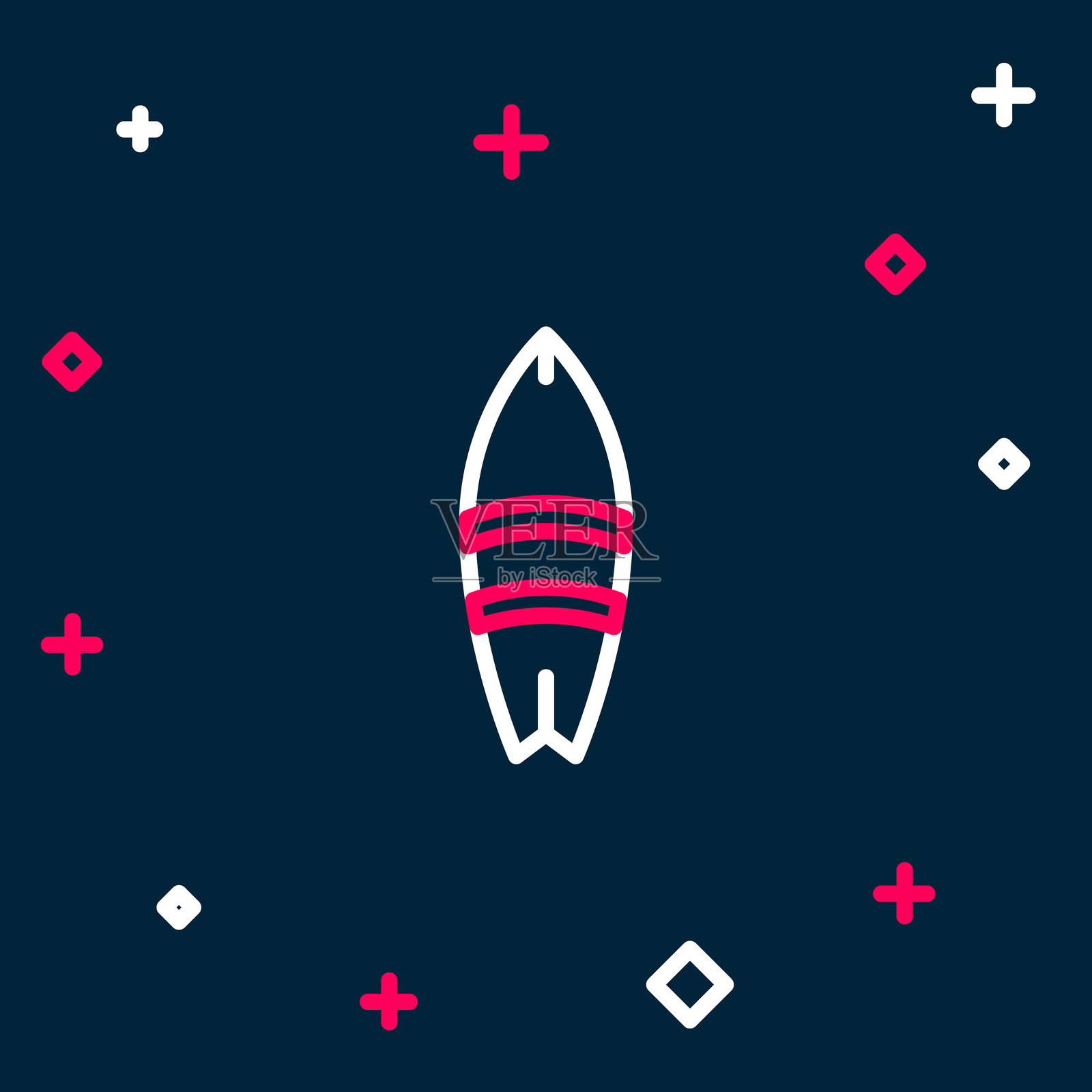 冲浪板图标，背景为蓝色。冲浪板。极限运动。运动器材。彩色轮廓概念。矢量图。插画图片素材