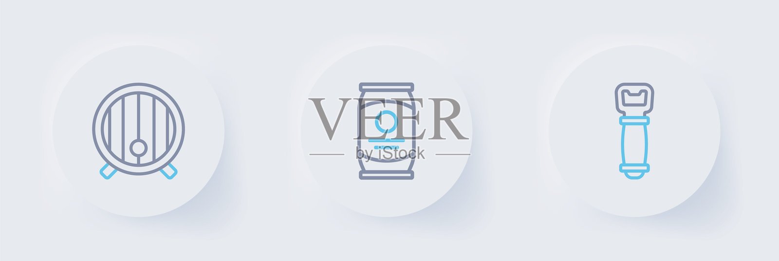 瓶起子、啤酒罐和木桶图标。矢量图。插画图片素材