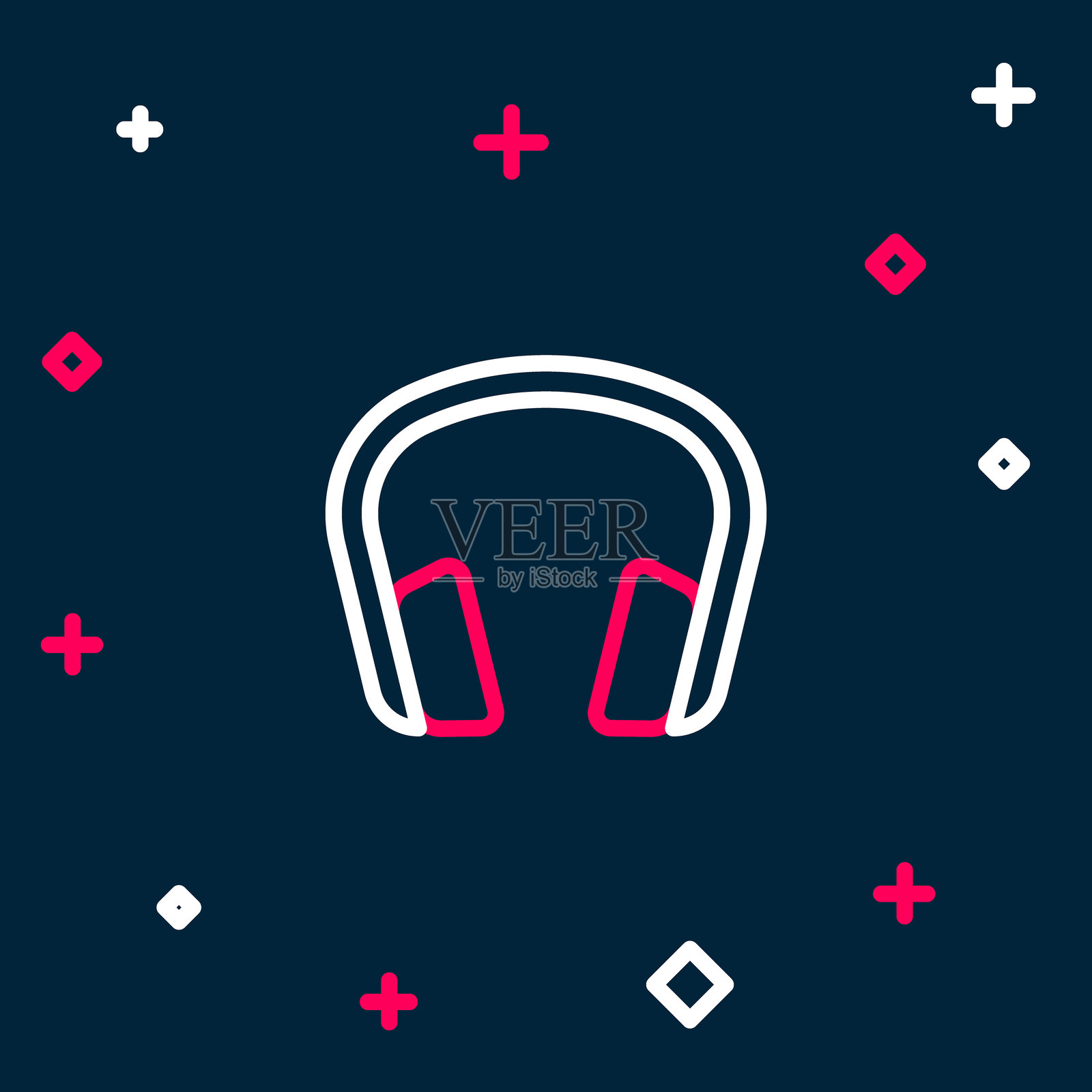 蓝色背景上的线条耳机图标。耳塞。用于听音乐、服务、通信和操作员的概念。彩色轮廓概念。矢量图。插画图片素材