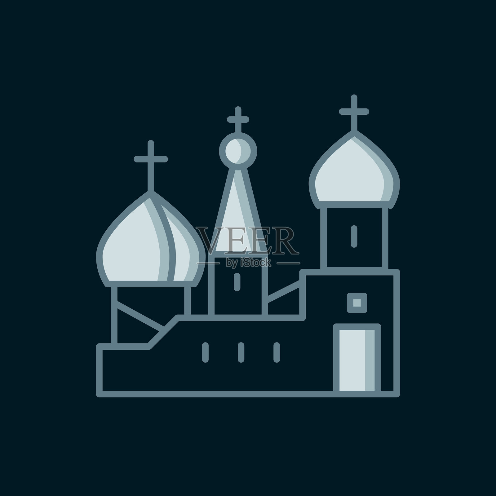 莫斯科地标 - 圣巴西尔大教堂，俄罗斯图标，黑色背景上的线条设计。扁平填充轮廓风格，带阴影。矢量图。插画图片素材