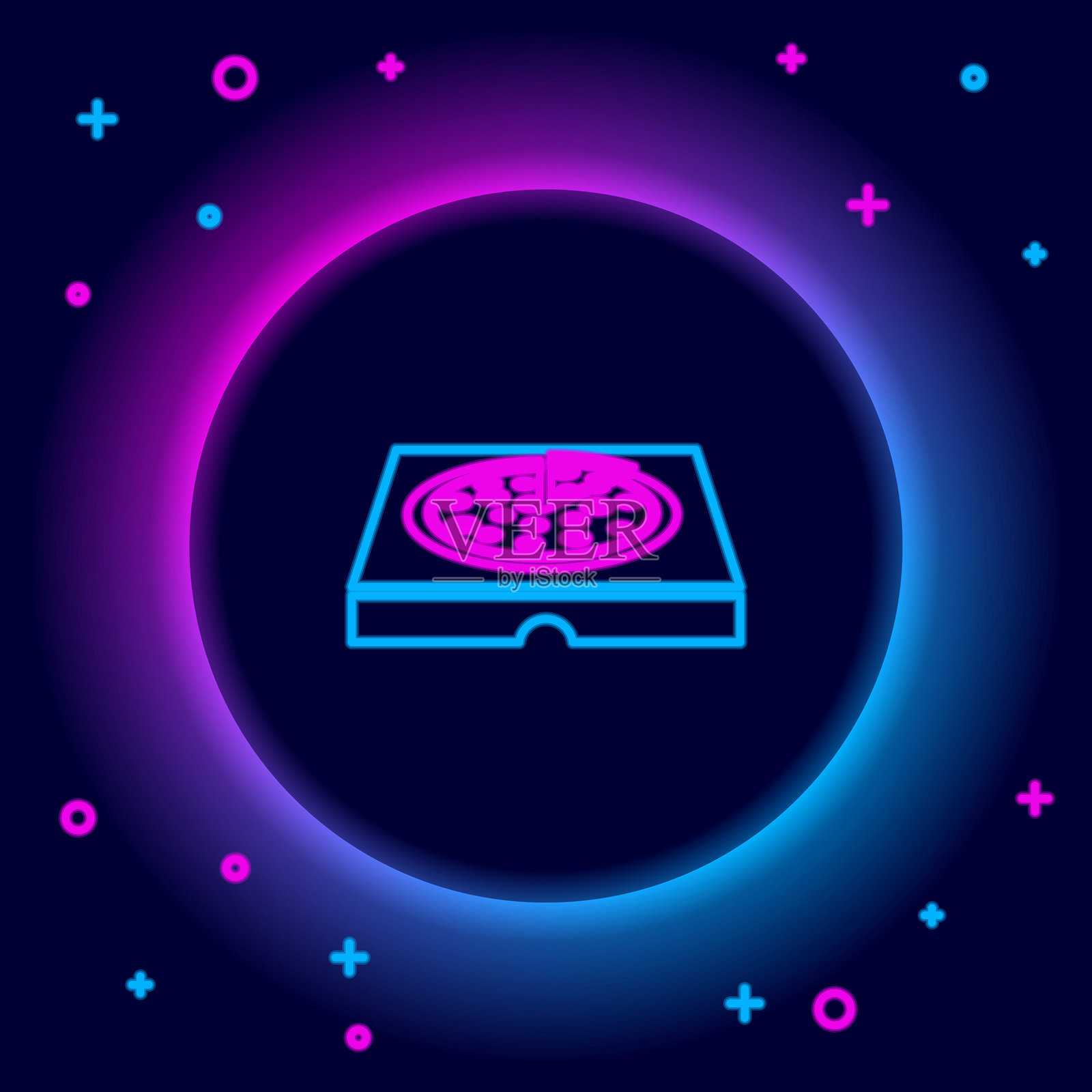 发光的霓虹线披萨在黑色背景上的纸箱图标。带有布局元素的盒子。彩色轮廓概念。矢量图。插画图片素材