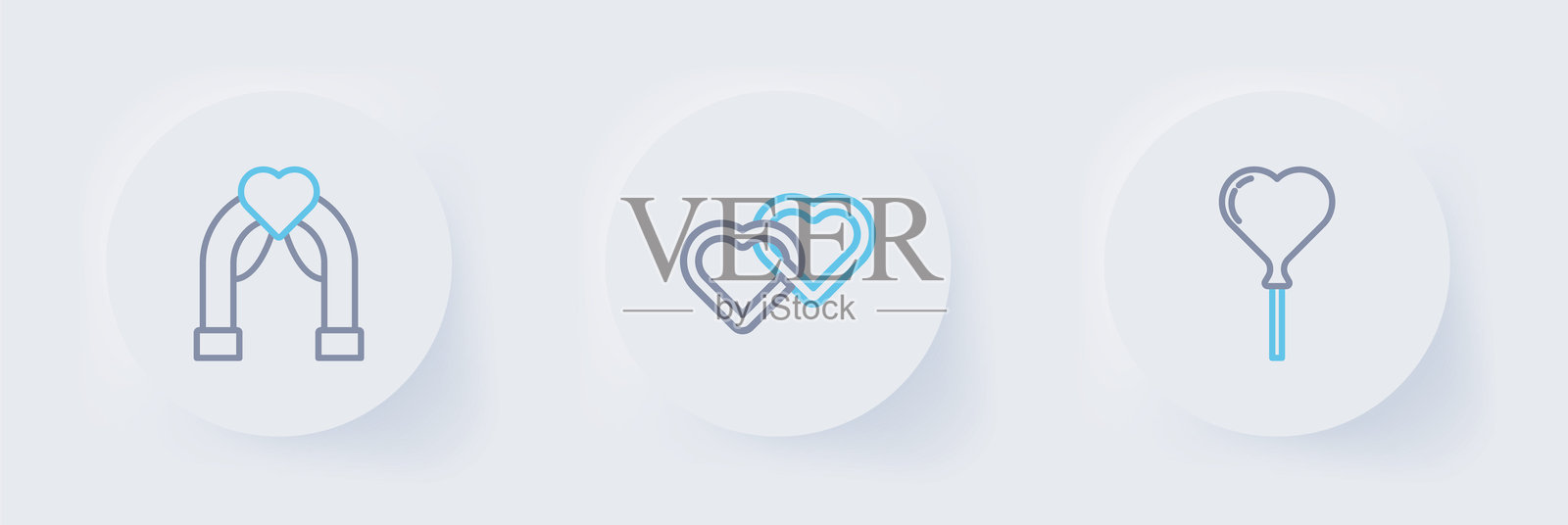 心形气球排列，两个相连的心和婚礼拱门图标。矢量图。插画图片素材