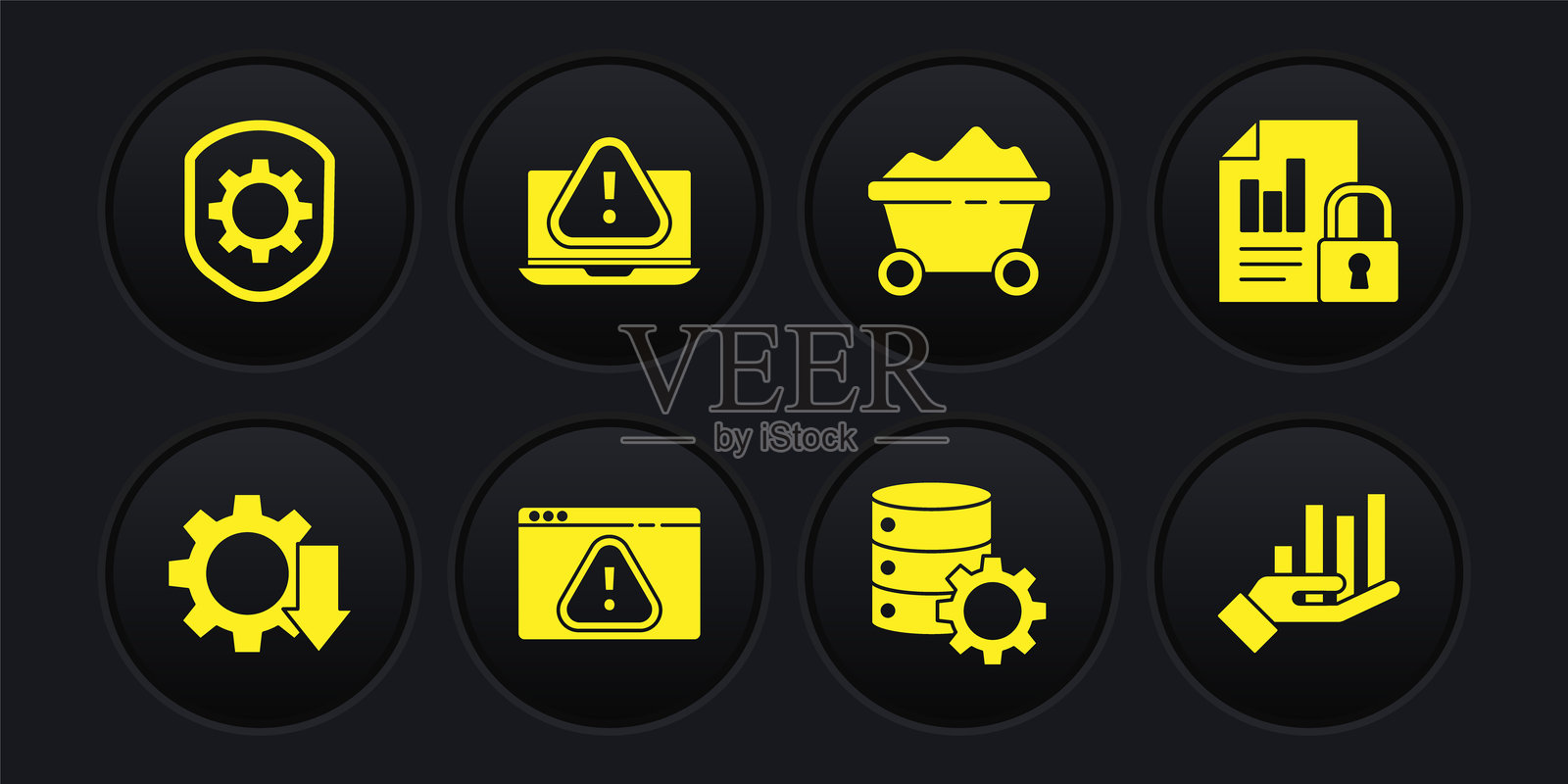 成本降低，文档和锁，带感叹号的浏览器，服务器设备，煤矿小车，笔记本电脑，饼图信息图和盾牌设置图标。矢量图插画图片素材