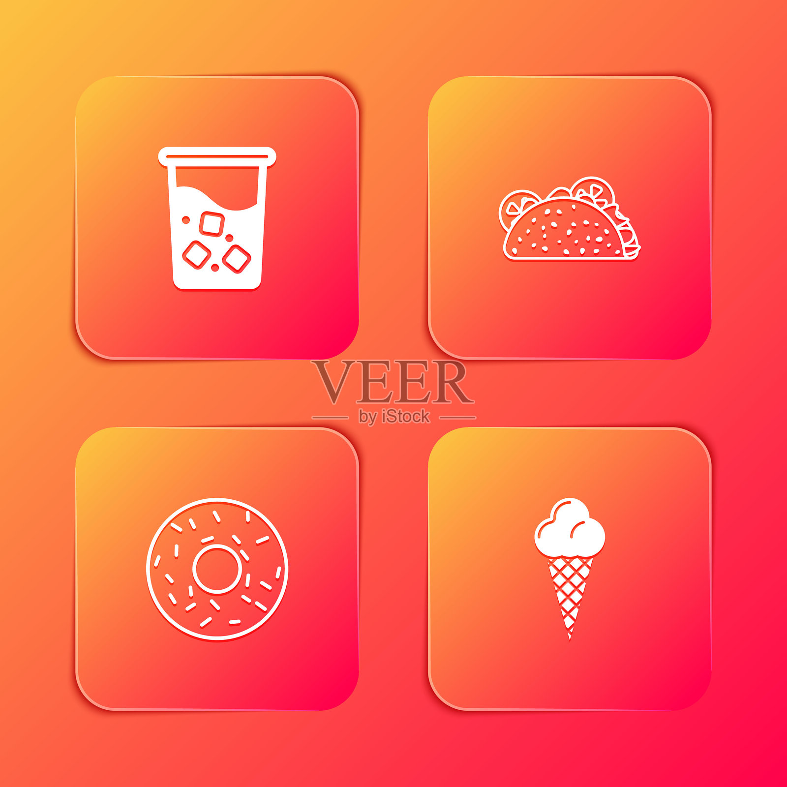 水杯、玉米饼、甜甜圈和华夫筒冰淇淋图标。矢量图。插画图片素材