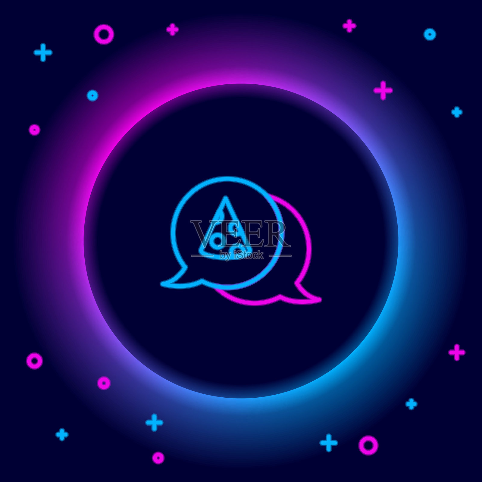 发光的霓虹线披萨切片图标，背景为黑色。快餐菜单。彩色轮廓概念。矢量图。插画图片素材