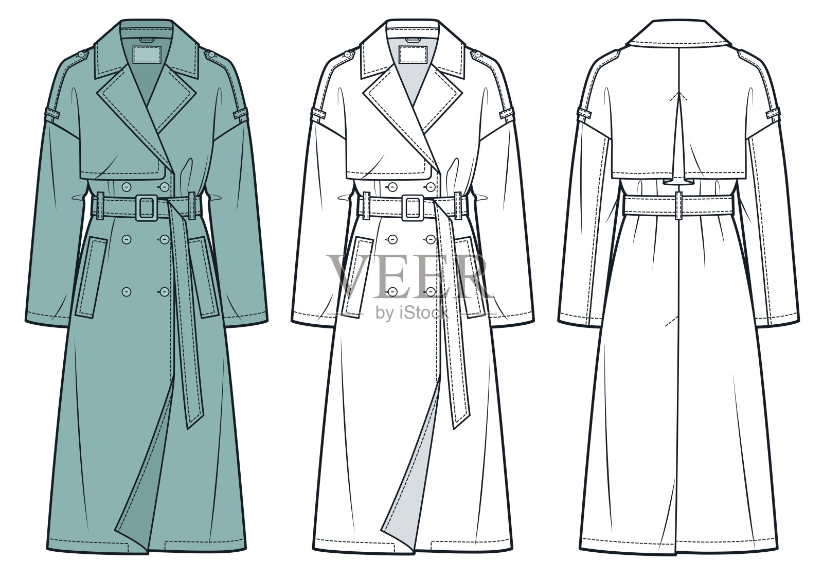经典双排扣风衣技术时尚插图。风衣时尚平面技术图纸模板，中长款，带口袋，正面和背面视图，白色，绿色，男女通用CAD模型套件。插画图片素材