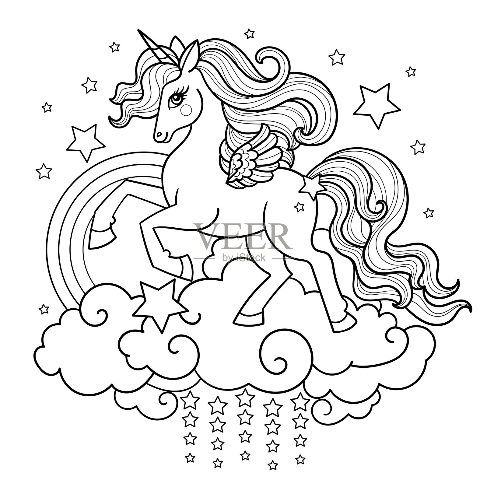 云端上的独角兽，长鬃毛和尾巴。黑白线条画。矢量插图插画图片素材