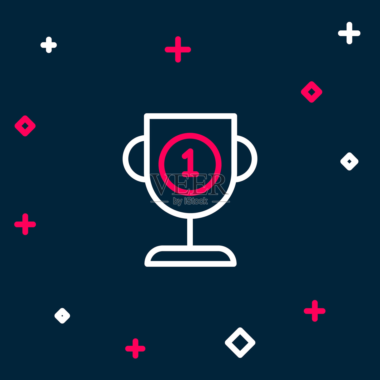 线条奖杯图标，背景为蓝色。获胜者奖杯符号。锦标赛或比赛奖杯。体育成就标志。彩色轮廓概念。矢量图。插画图片素材