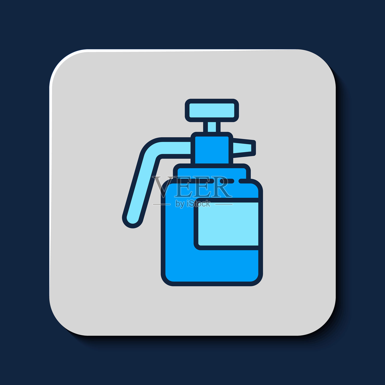 填充轮廓的园艺喷雾器图标，用于水、肥料和化学品，背景为蓝色。插画图片素材