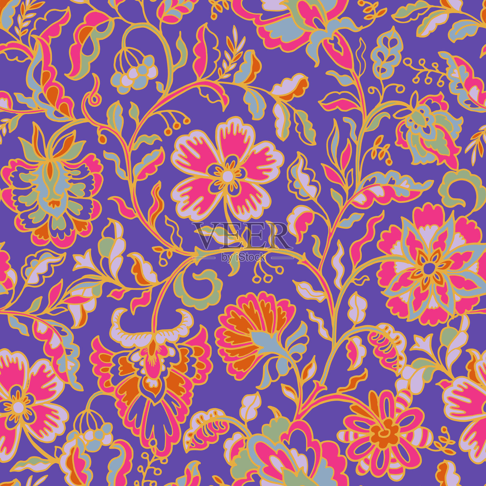 明亮的复古花卉无缝图案插画图片素材