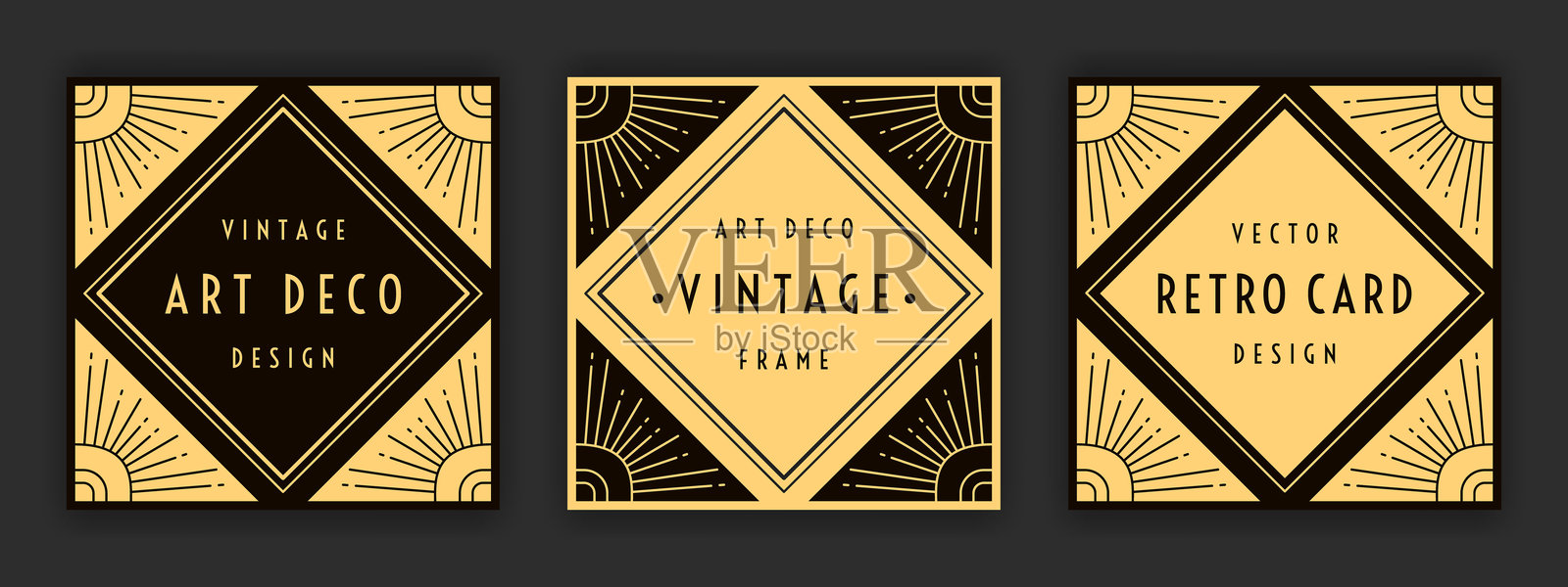 装饰艺术风格的方形卡片几何图案合集。复古风格的边框套件。带有光辉角落的线性边框设计。复古几何装饰。黑色和淡黄色的EPS 10矢量背景。插画图片素材