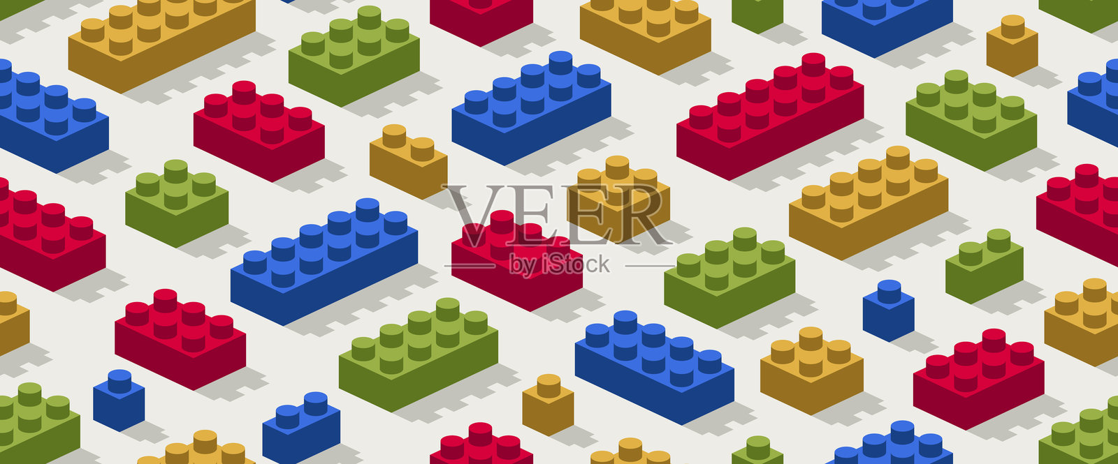 玩具构造无缝图案，等距矢量玩具砖块铺贴壁纸，儿童游戏建筑复古彩色积木无尽图案。插画图片素材