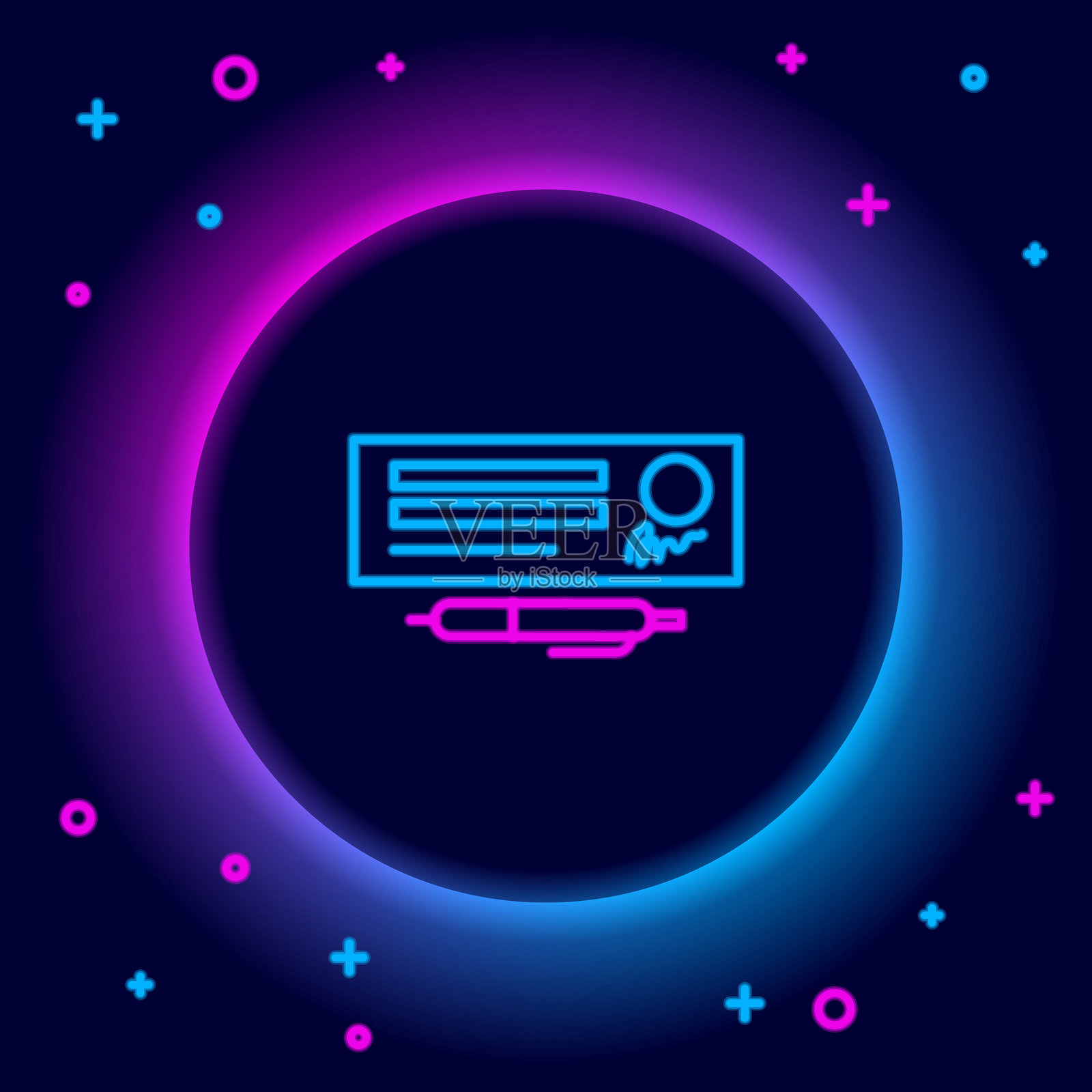 发光的霓虹线条，黑色背景上的空白支票模板和钢笔图标。支票簿支票页面，带有空白字段以供填写。彩色轮廓概念。矢量图。插画图片素材