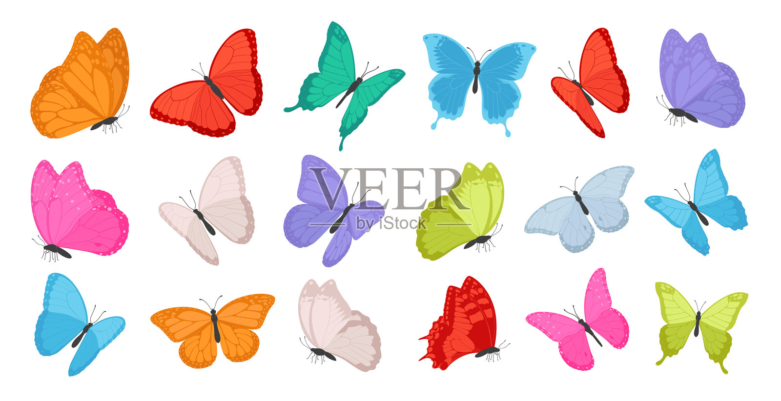一大组飞翔的彩色蝴蝶。春夏季节装饰用的昆虫插图集合。矢量图。插画图片素材