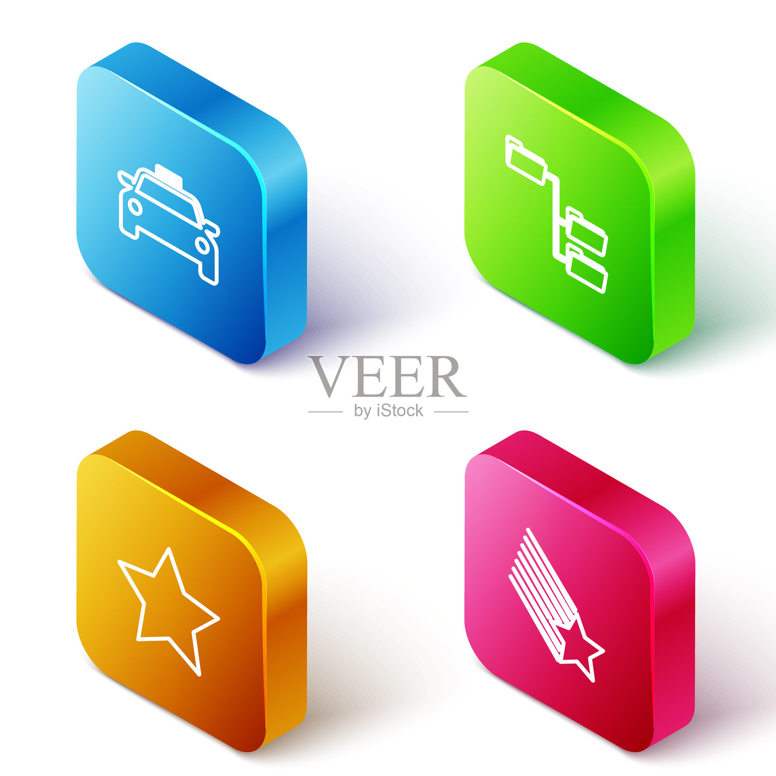 等距线出租车图标、文件夹树、星星和流星图标。矢量图。插画图片素材