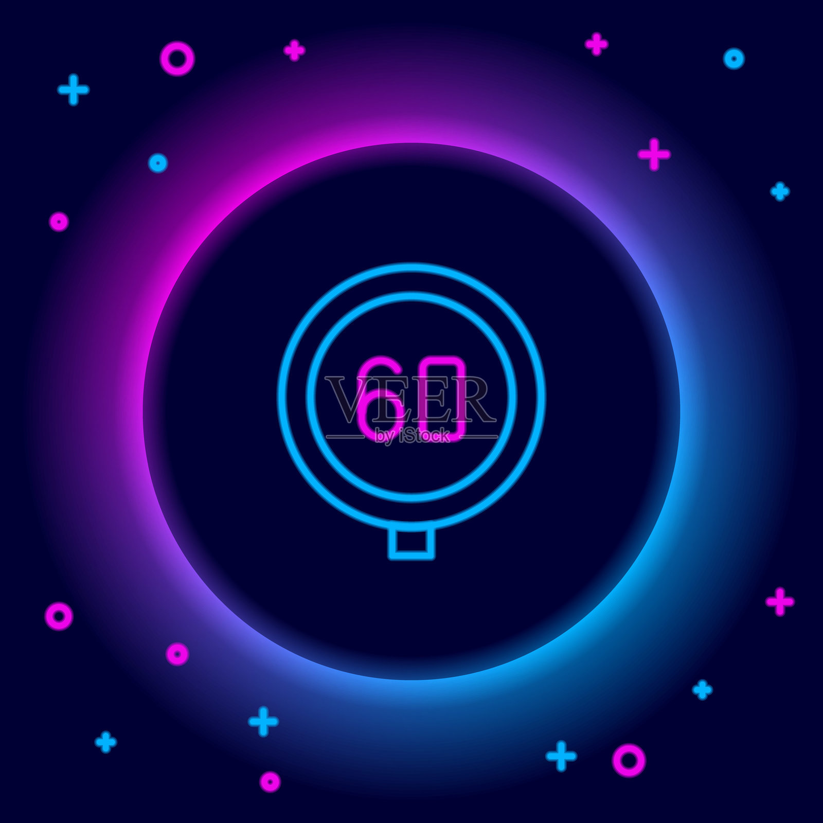 发光的霓虹线速度限制交通标志60公里图标，独立于黑色背景。彩色轮廓概念。矢量图。插画图片素材