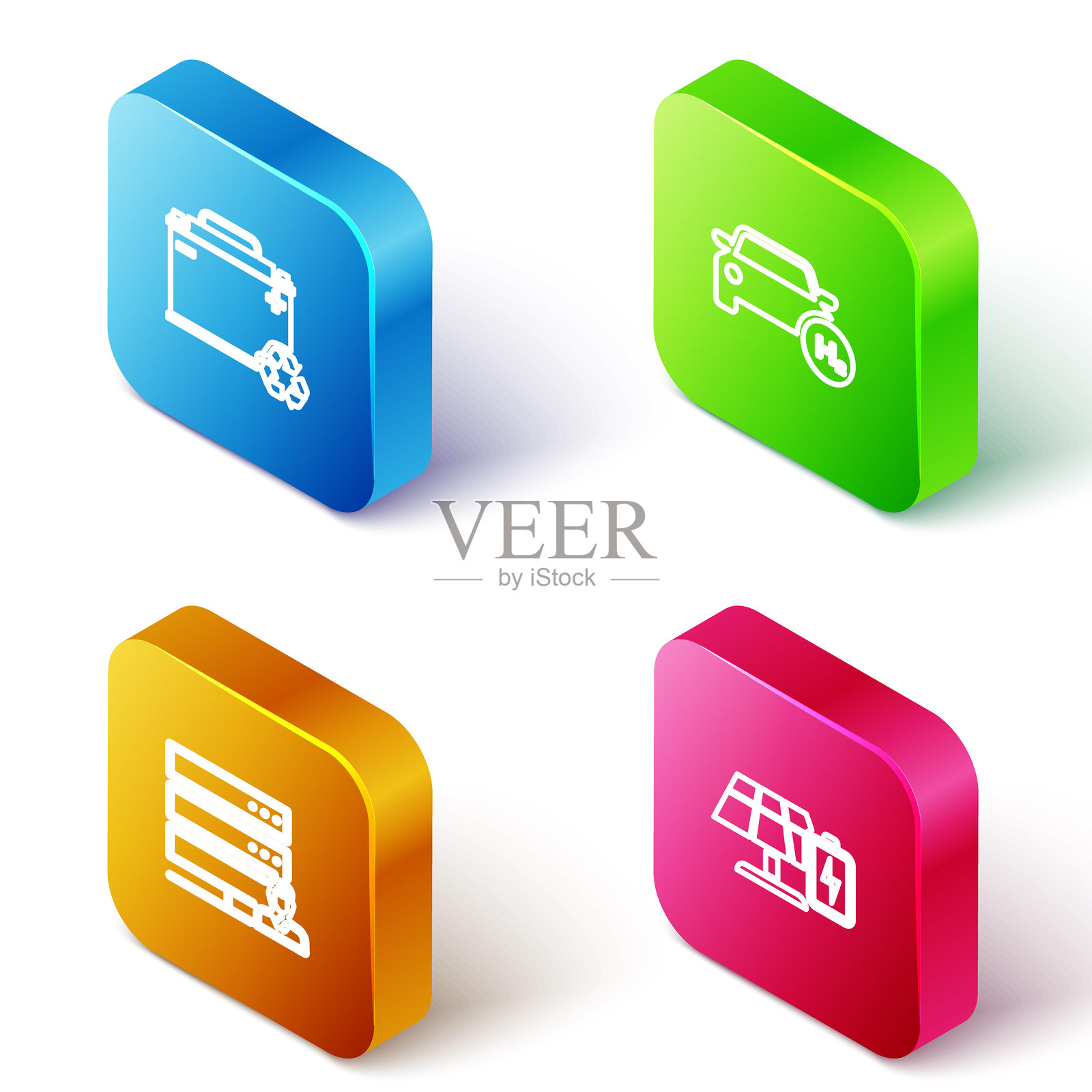 等距线条汽车电池与回收、氢能汽车、客户服务服务器和太阳能面板及图标。矢量图。插画图片素材