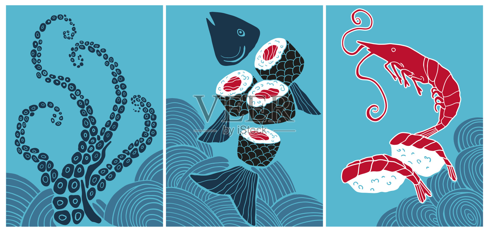 极简主义寿司海鲜系列 – 优雅的日本风格插图插画图片素材