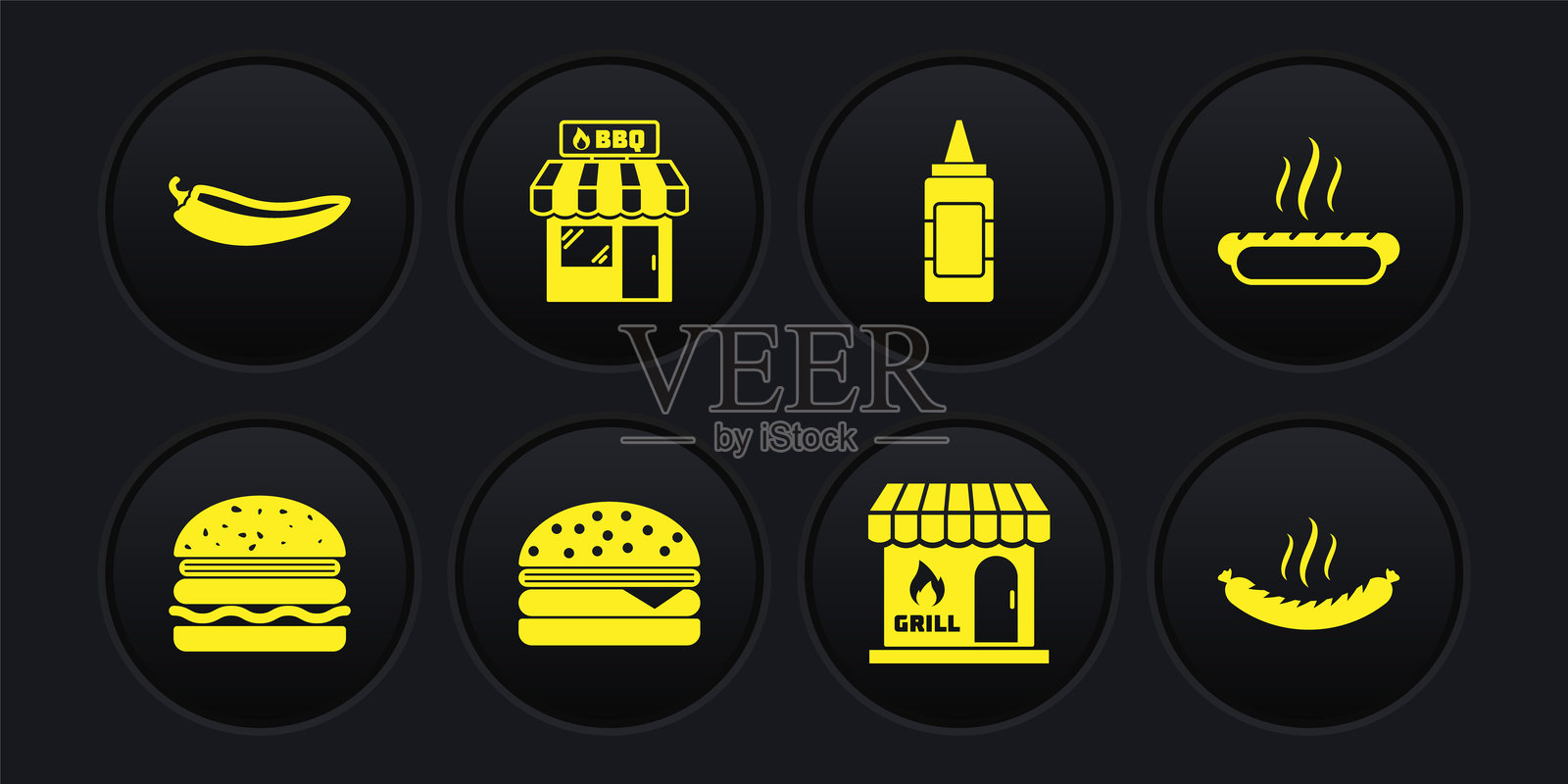 汉堡、热狗三明治、烧烤购物建筑、芥末瓶、香肠和辣椒荚图标。矢量图。插画图片素材