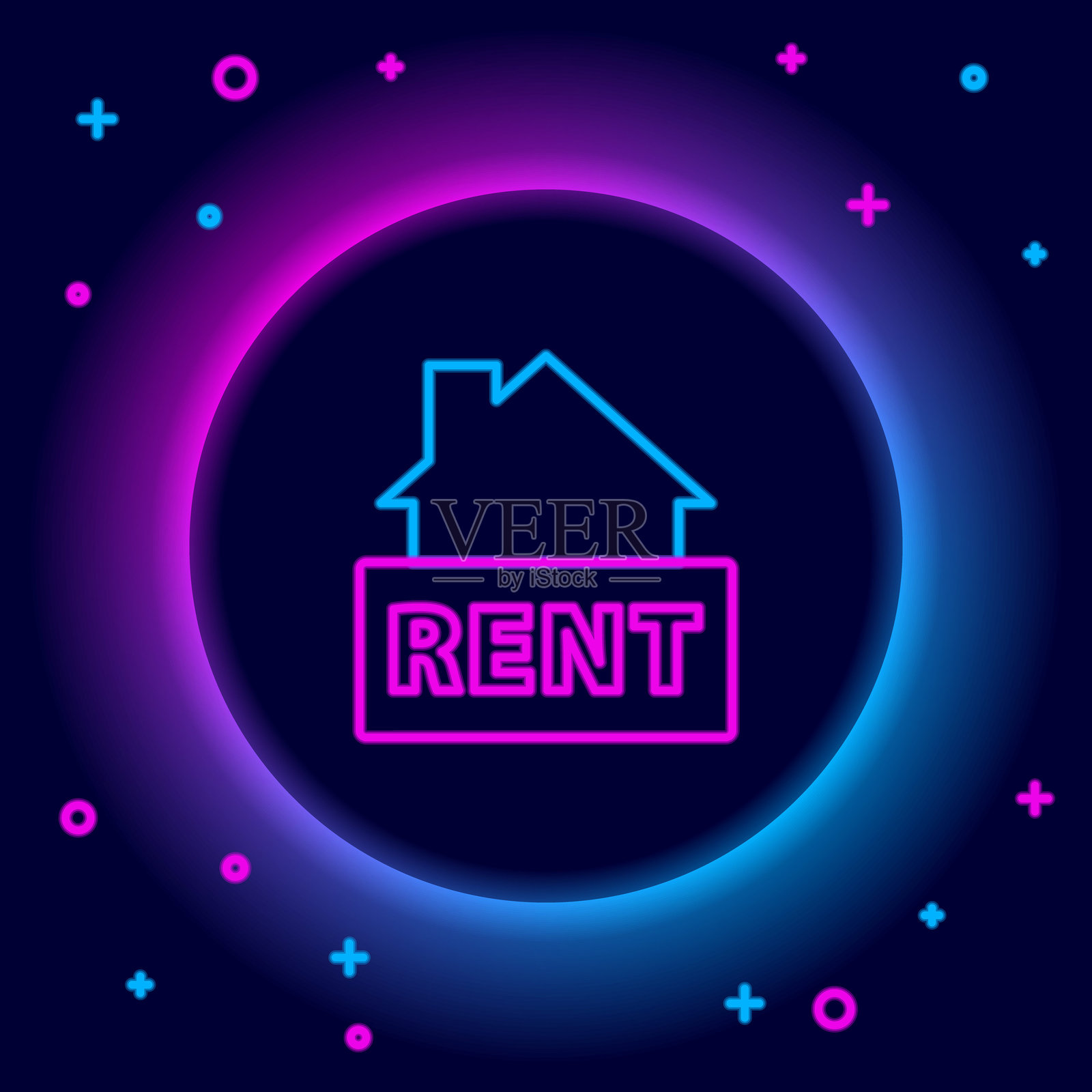 发光的霓虹线悬挂标志，带有“出租”图标，背景为黑色。带有“出租”字样的招牌。彩色轮廓概念。矢量图。插画图片素材