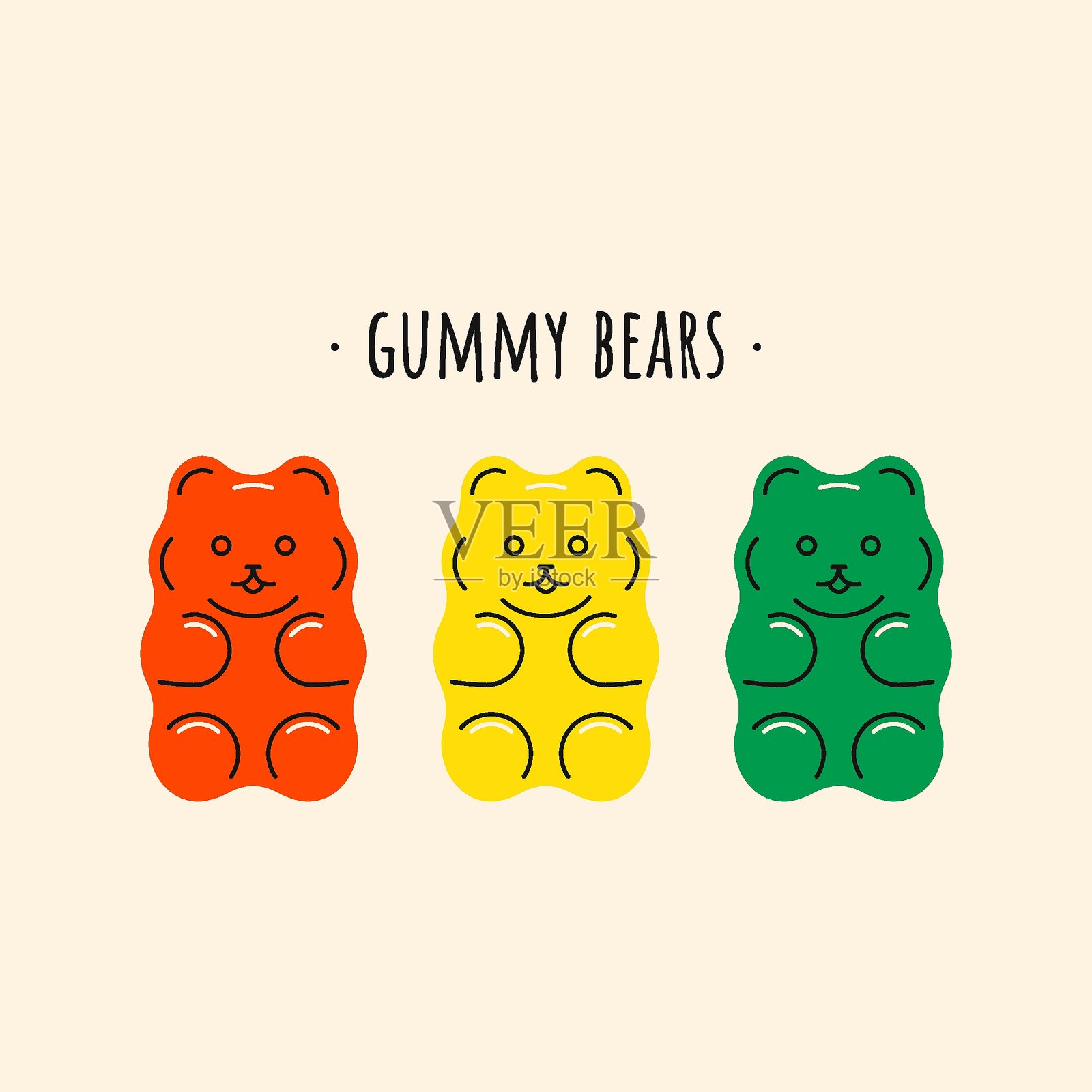 果味小熊软糖。甜美的泰迪熊果冻糖，色彩缤纷的儿童糖果，可爱的美味明胶零食，熊形状的水果口味。矢量卡通套装插画图片素材