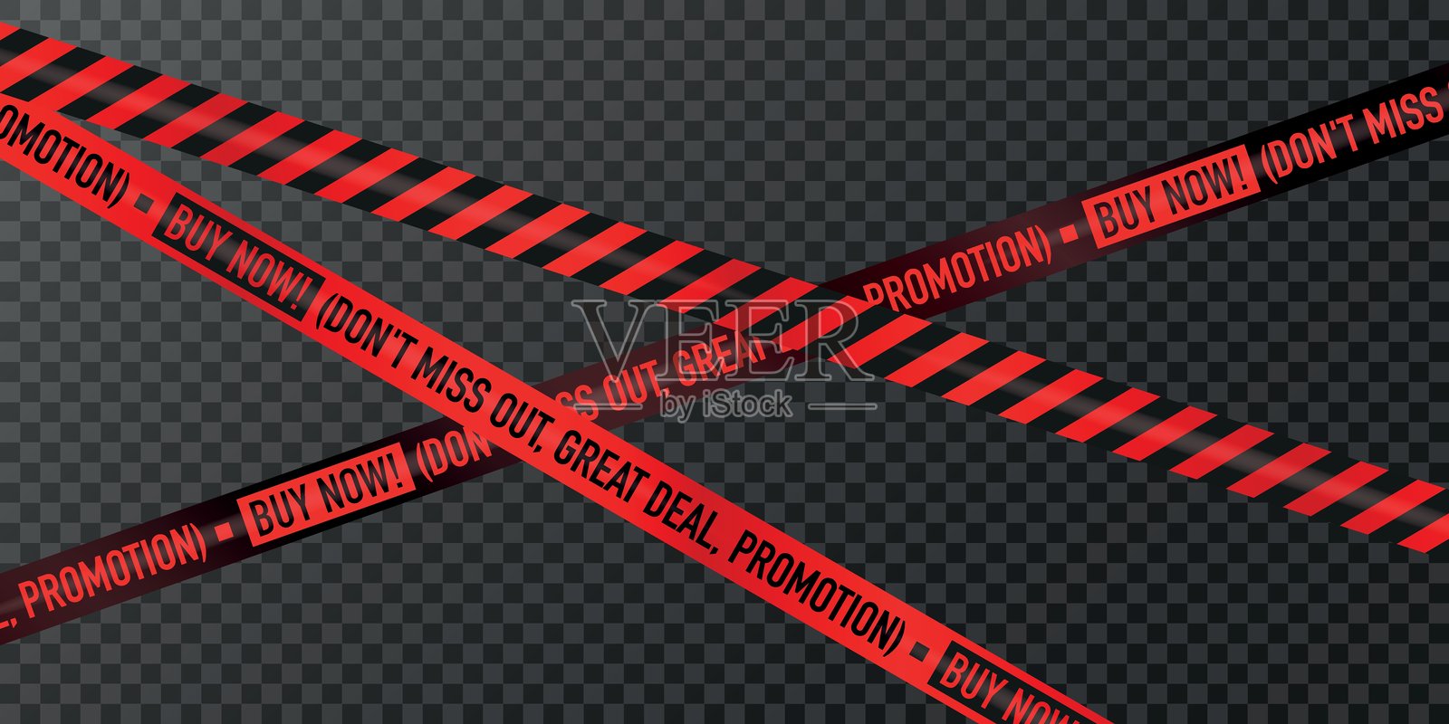 带有醒目“立即购买！不要错过”文字的红黑色促销丝带胶带，背景透明，适合营销和广告设计。插画图片素材