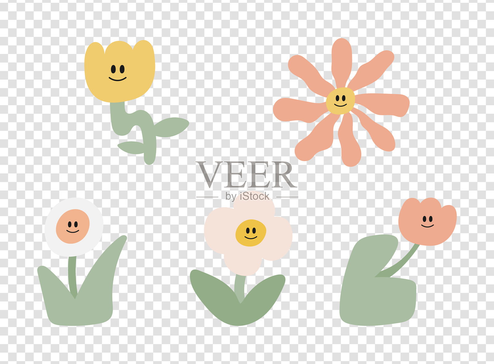 一组可爱的卡通涂鸦花朵。插画图片素材