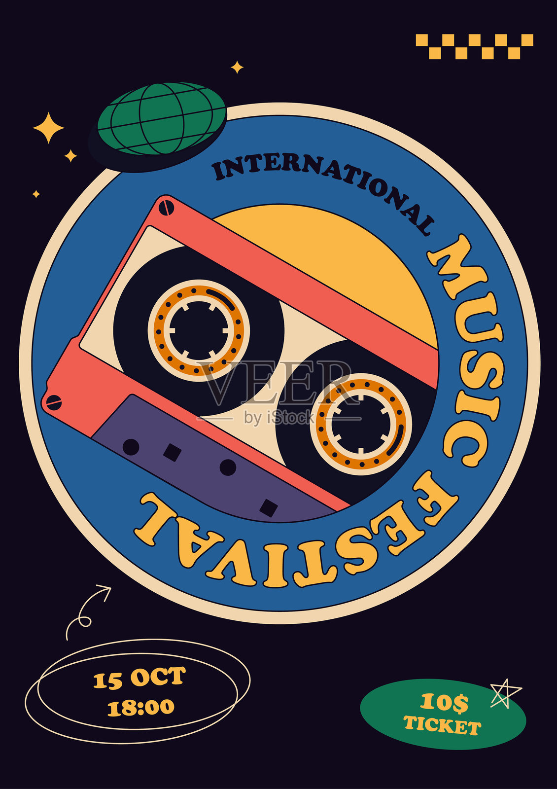 音乐派对节日宣传海报模板设计。卡带现代复古风格，孤立在黑色背景上。插画图片素材