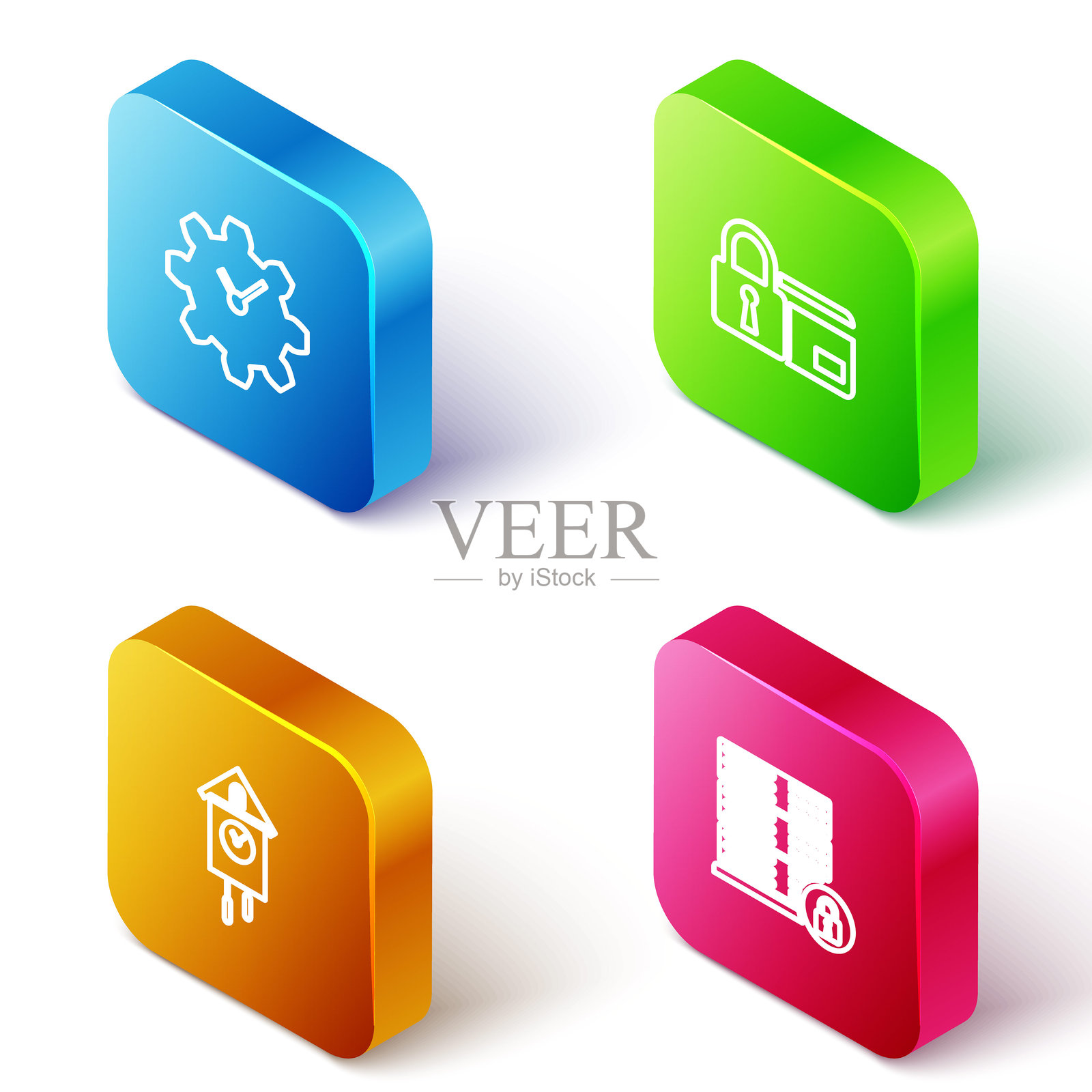 等距线条时间管理、带锁的信用卡、复古墙壁时钟和服务器安全图标。矢量图。插画图片素材