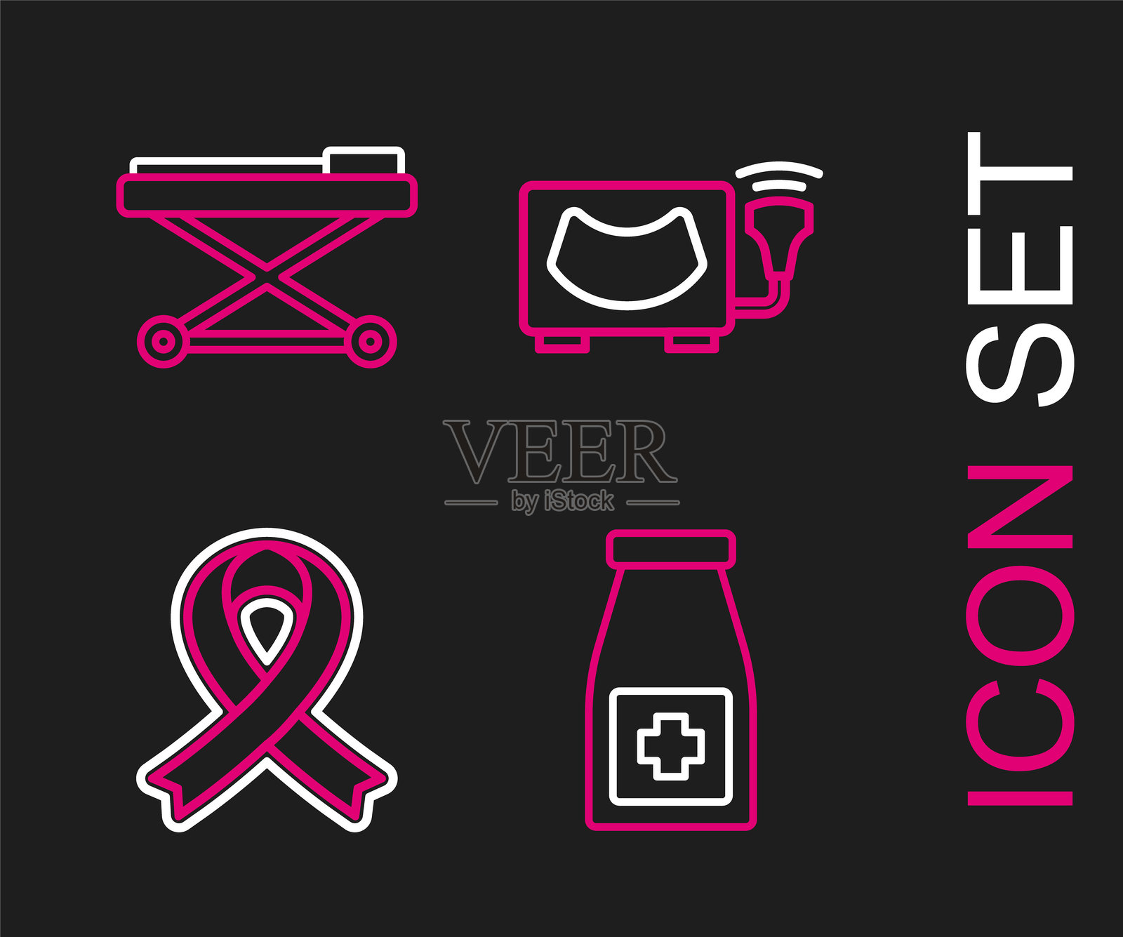 药瓶和药丸、意识丝带、超声波和担架图标。矢量图。插画图片素材