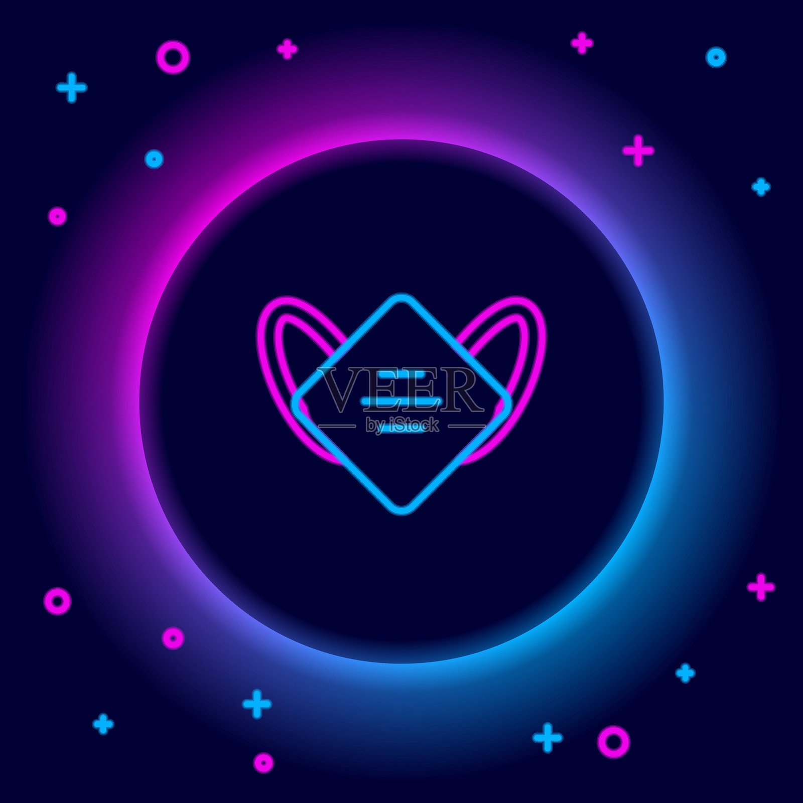 发光的霓虹线条医疗防护口罩图标，背景为黑色。彩色轮廓概念。矢量图。插画图片素材