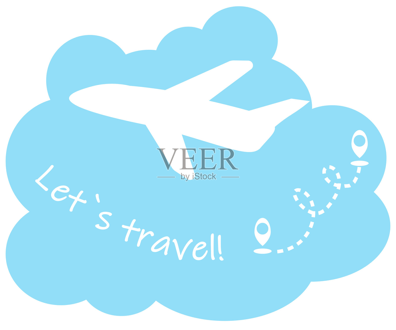 蓝色背景上的飞机插图，文字：让我们旅行插画图片素材