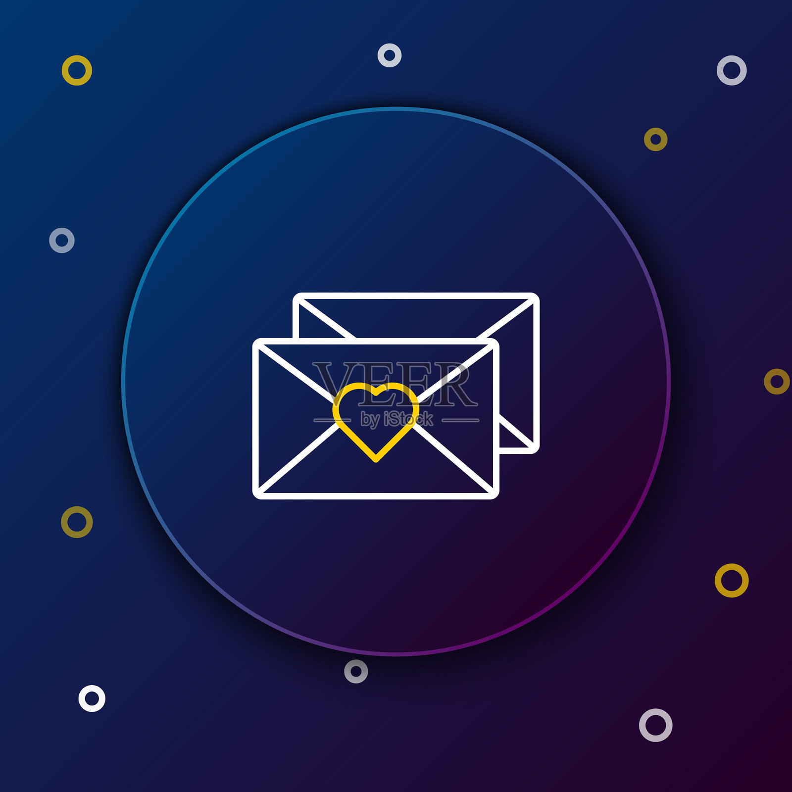 带有情人节心形图标的信封，背景为蓝色。传达爱的讯息。信件、爱情与浪漫。彩色轮廓概念。矢量图。插画图片素材