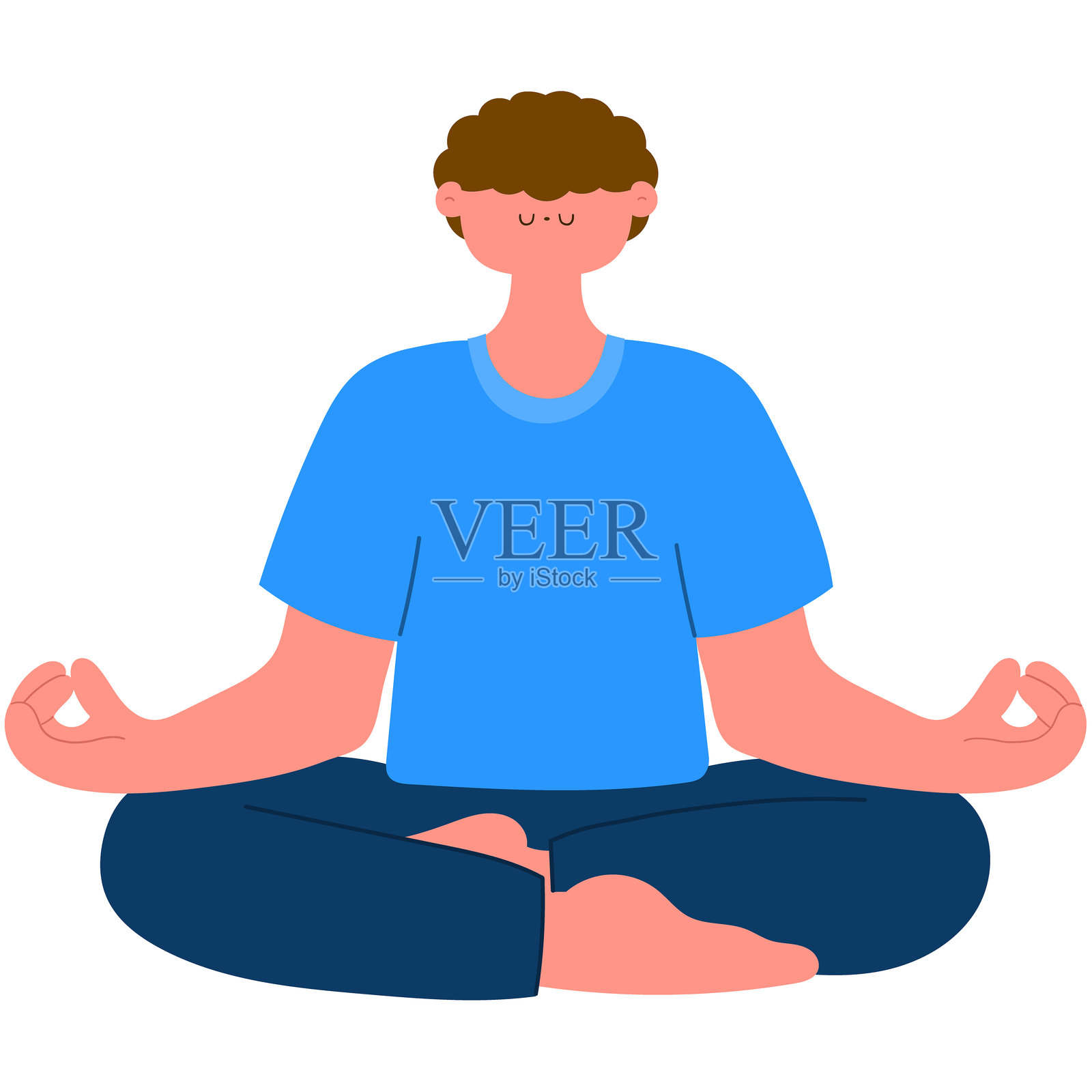 一个男人在练习瑜伽，盘腿坐着，闭着眼睛，展现出正念和自我关怀，体现健康生活方式的扁平矢量插图插画图片素材