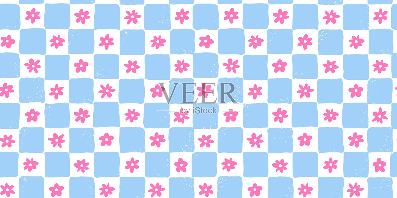 带有粉色花朵的时尚格子无缝图案插画图片素材