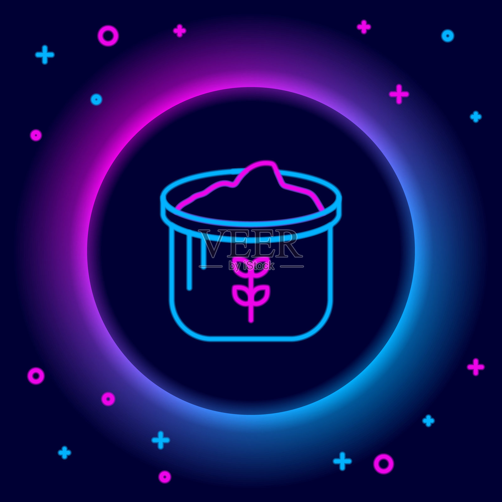 发光的霓虹线面粉袋图标，背景为黑色。彩色轮廓概念。矢量图。插画图片素材