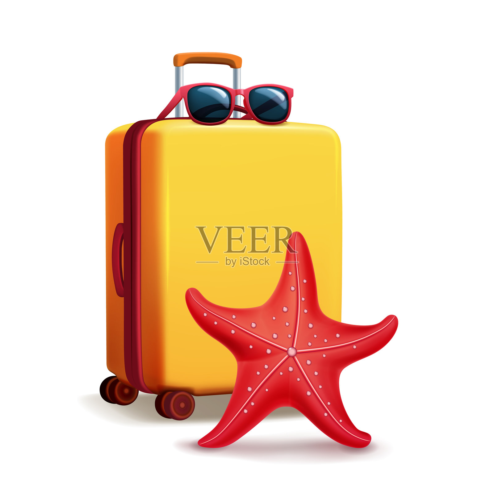 黄色行李箱上放着红色太阳镜和一只海星。插画图片素材