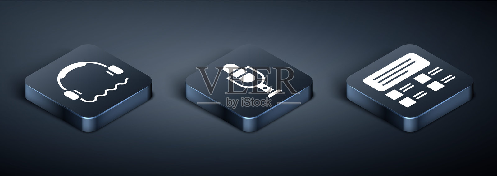 等距耳机、在线测验、测试、调查和麦克风图标。矢量图。插画图片素材