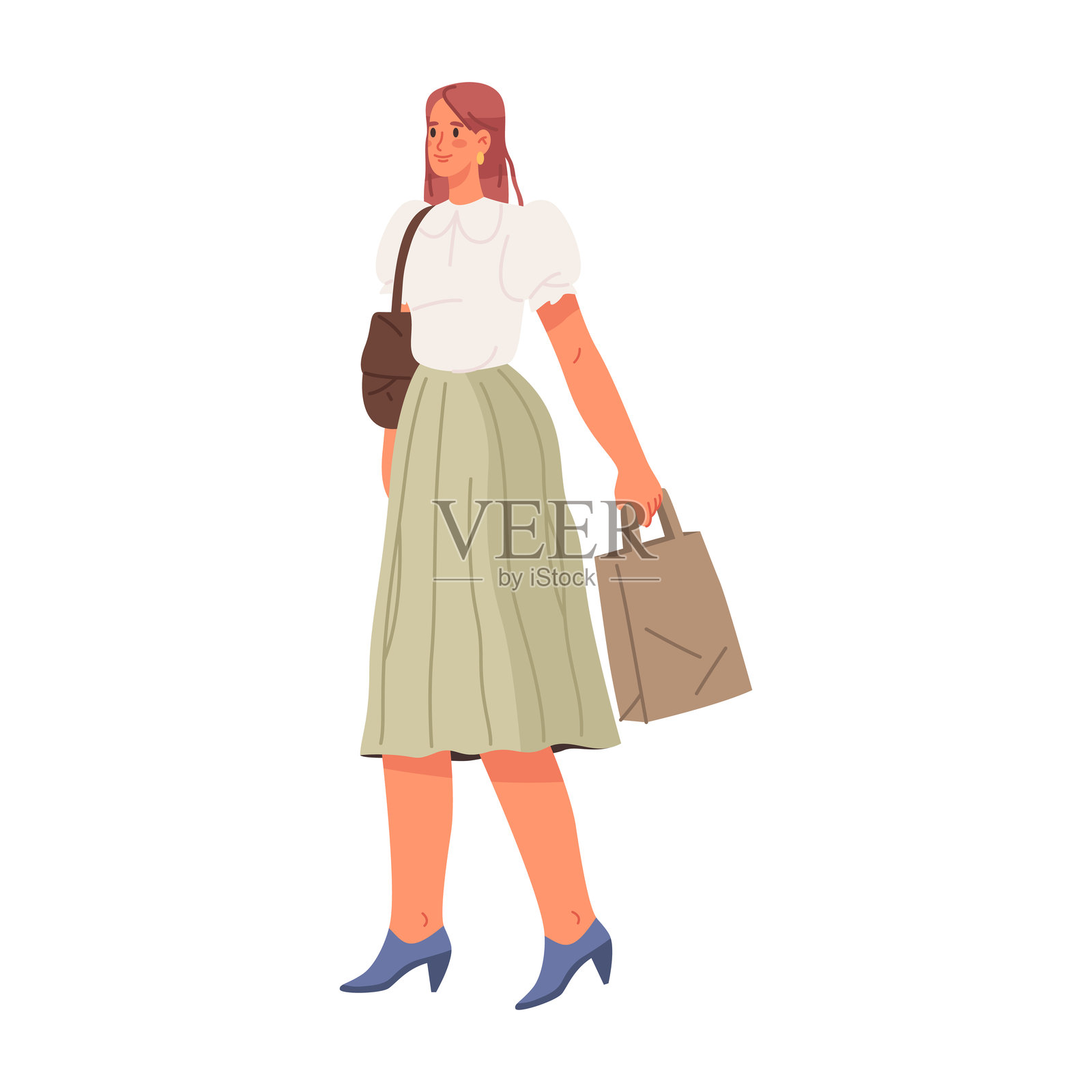 女性走路并提着购物袋。矢量图中，穿着正式服装的女性角色从商场或工作场所走出。女士的步态，漫步或休息。时尚的外观和别致的配饰。插画图片素材