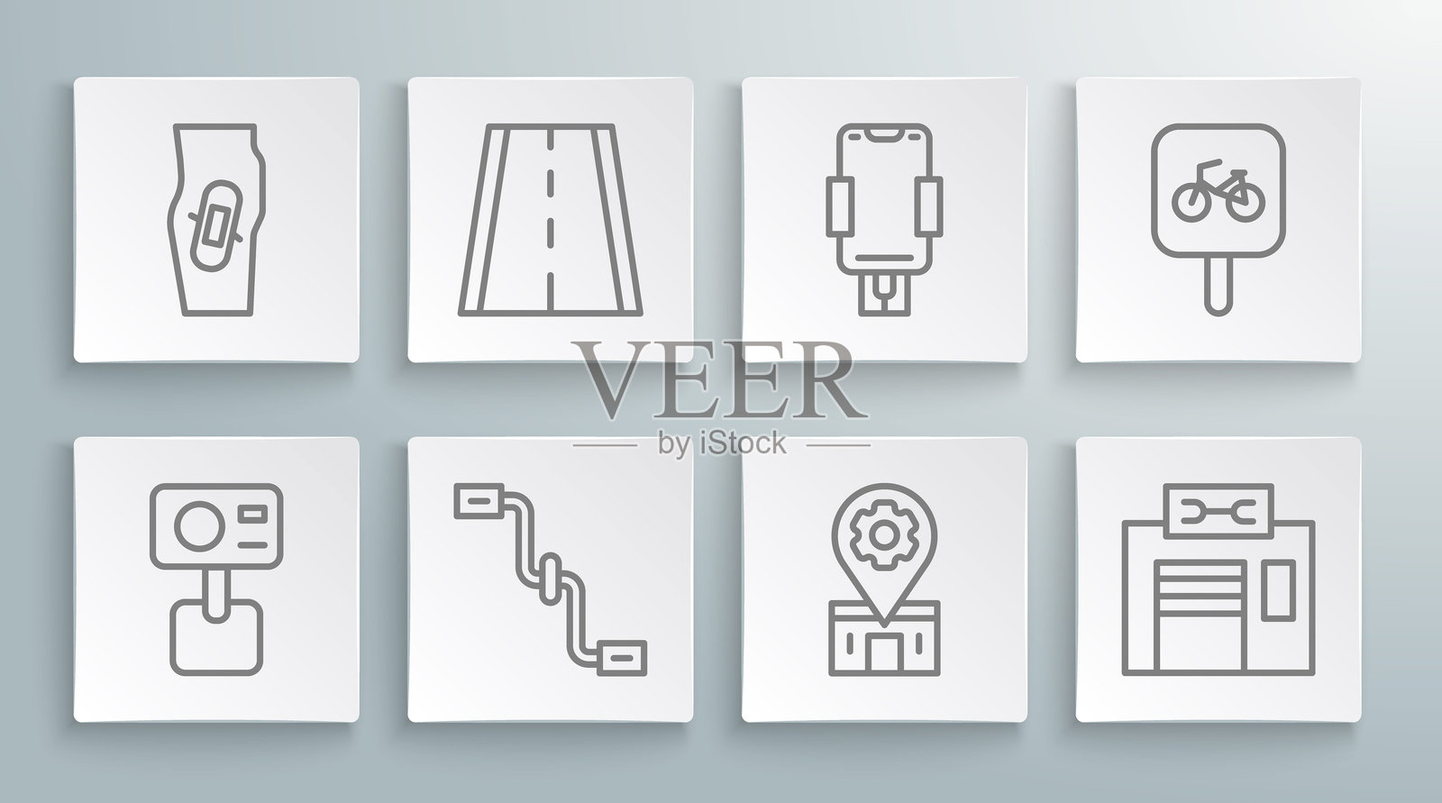 极限相机设置线，骑行道，脚踏，维修服务，手机支架，停车和石膏腿图标。矢量图。插画图片素材