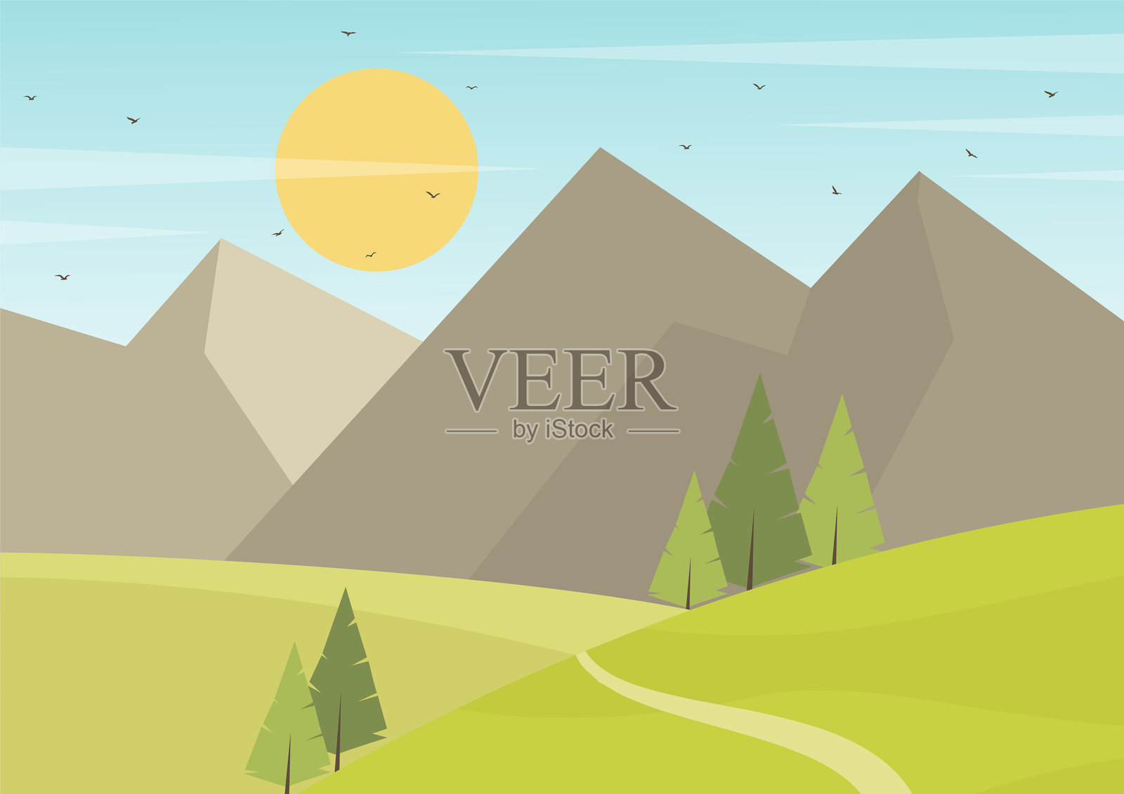 绿色自然森林风景背景。春季田野的平面卡通风格插图。插画图片素材