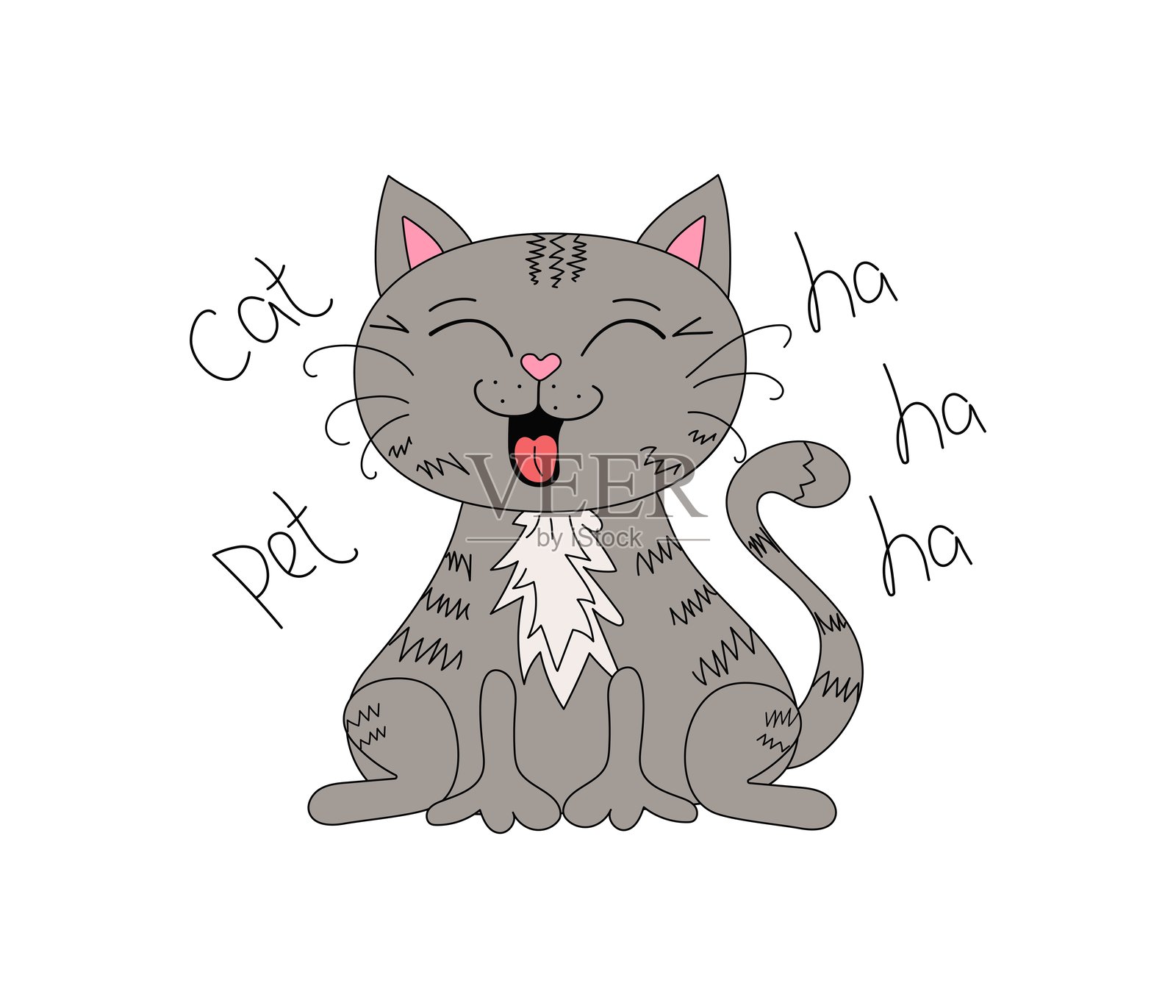 搞笑的卡通猫。宠物，小猫。手写字母，短语。搞笑的笑猫。明信片设计。矢量涂鸦插图，独立背景。插画图片素材