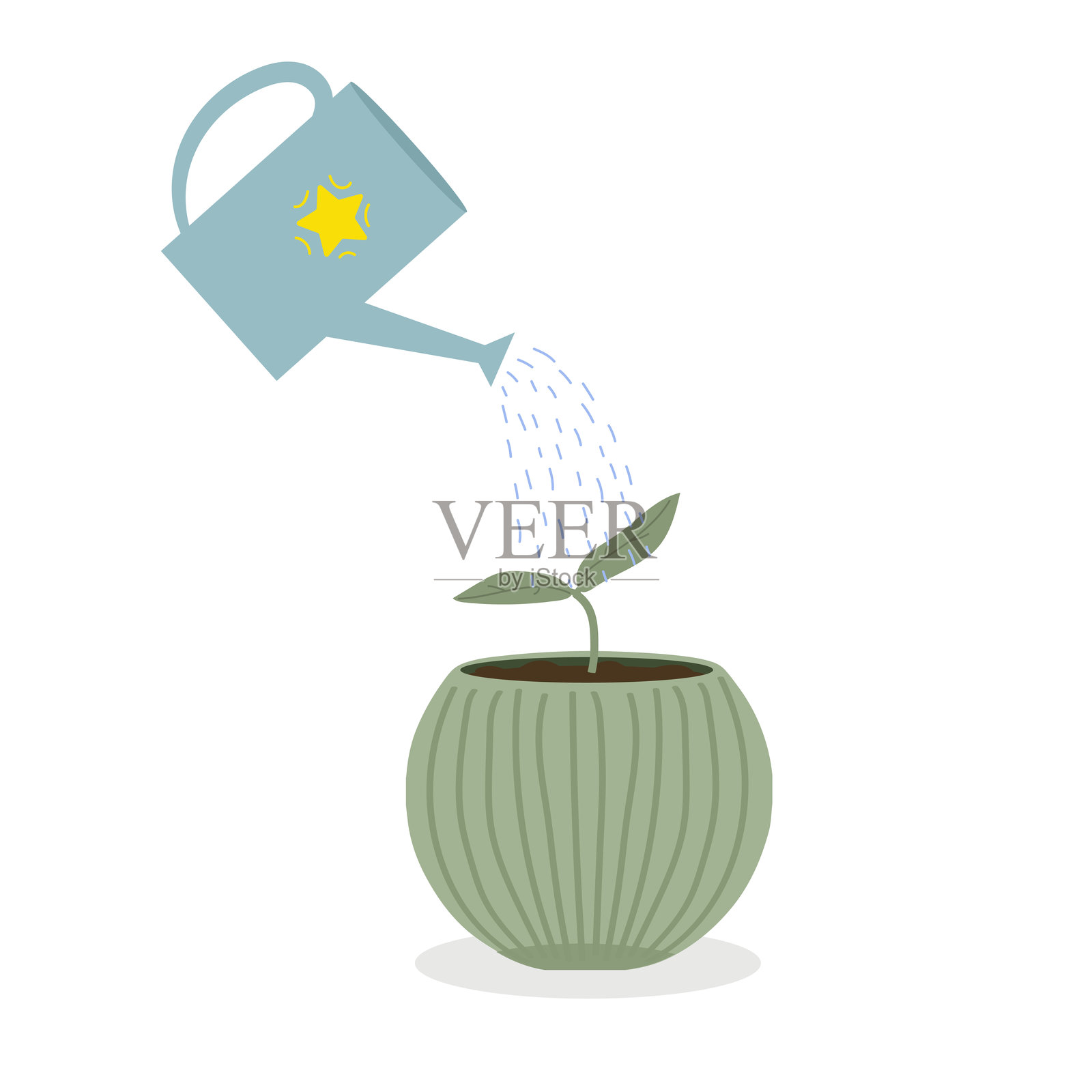 黄色的浇水壶在白色背景上独立展示。园艺工具。用浇水壶给幼苗浇水。矢量插图。插画图片素材