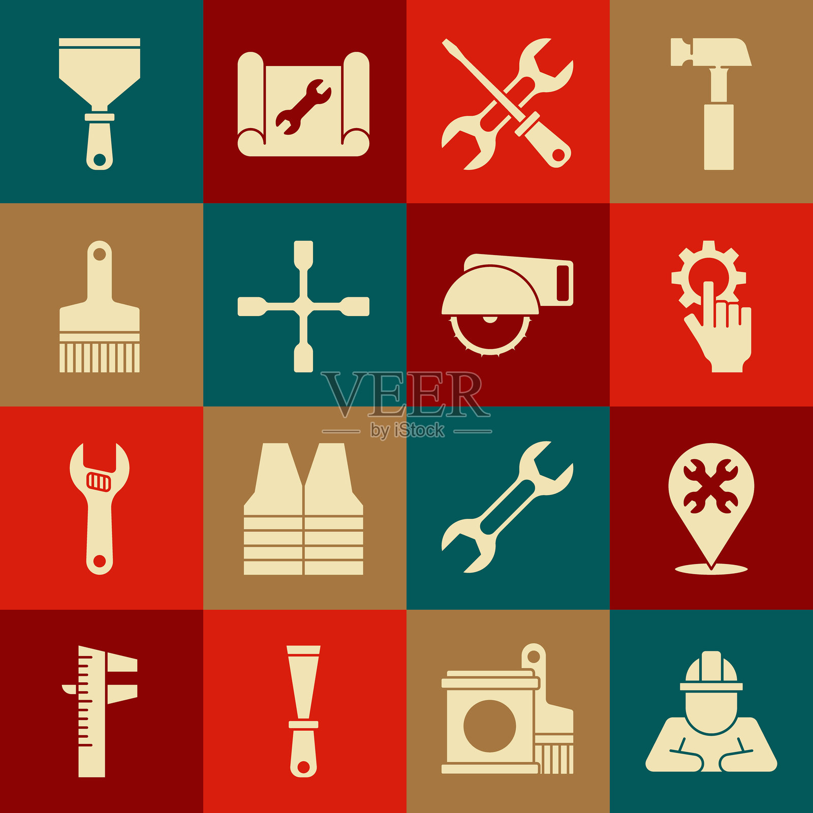 集合构建器，带扳手的位置，手中的设置，螺丝刀，轮子，油漆刷，腻子刀和电动圆锯图标。矢量图。插画图片素材